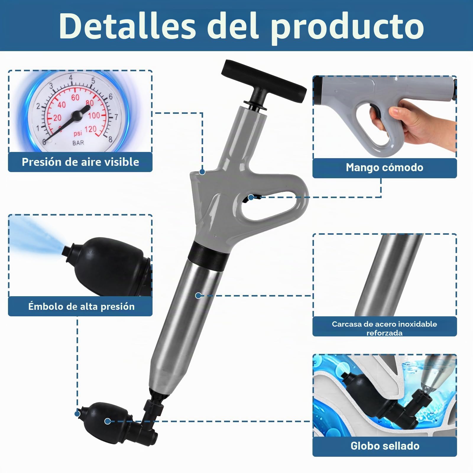 Limpiador de tuberías de aire comprimido, bomba desatascadora con compresión de aire e indicador de presión de aire, limpiador de tuberías de aire comprimido con 4 cabezales intercambiables para