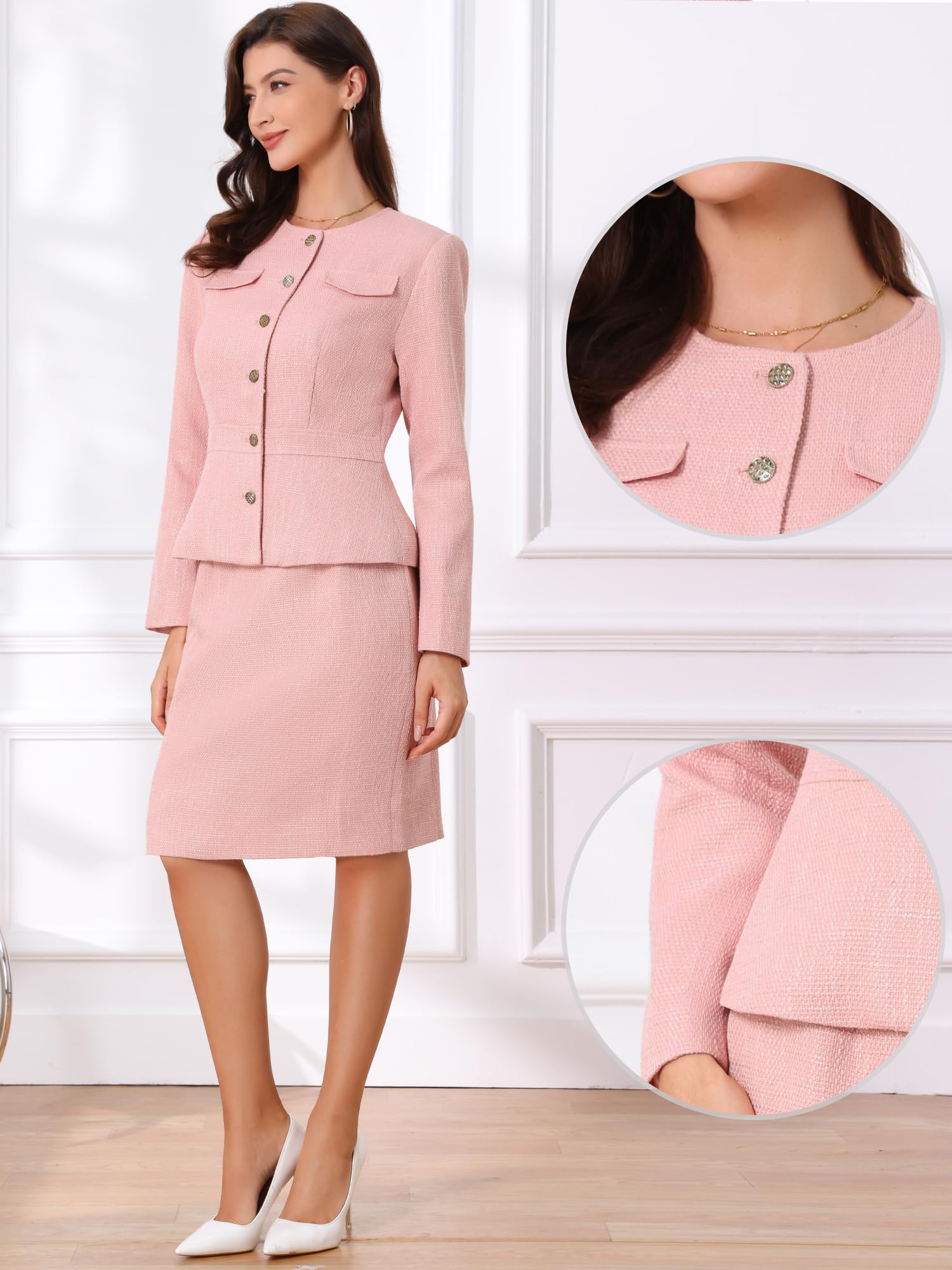 Allegra K Conjunto de Traje para Mujer, 2 Piezas, Chaqueta y Falda de Tweed sin Cuello Peplum