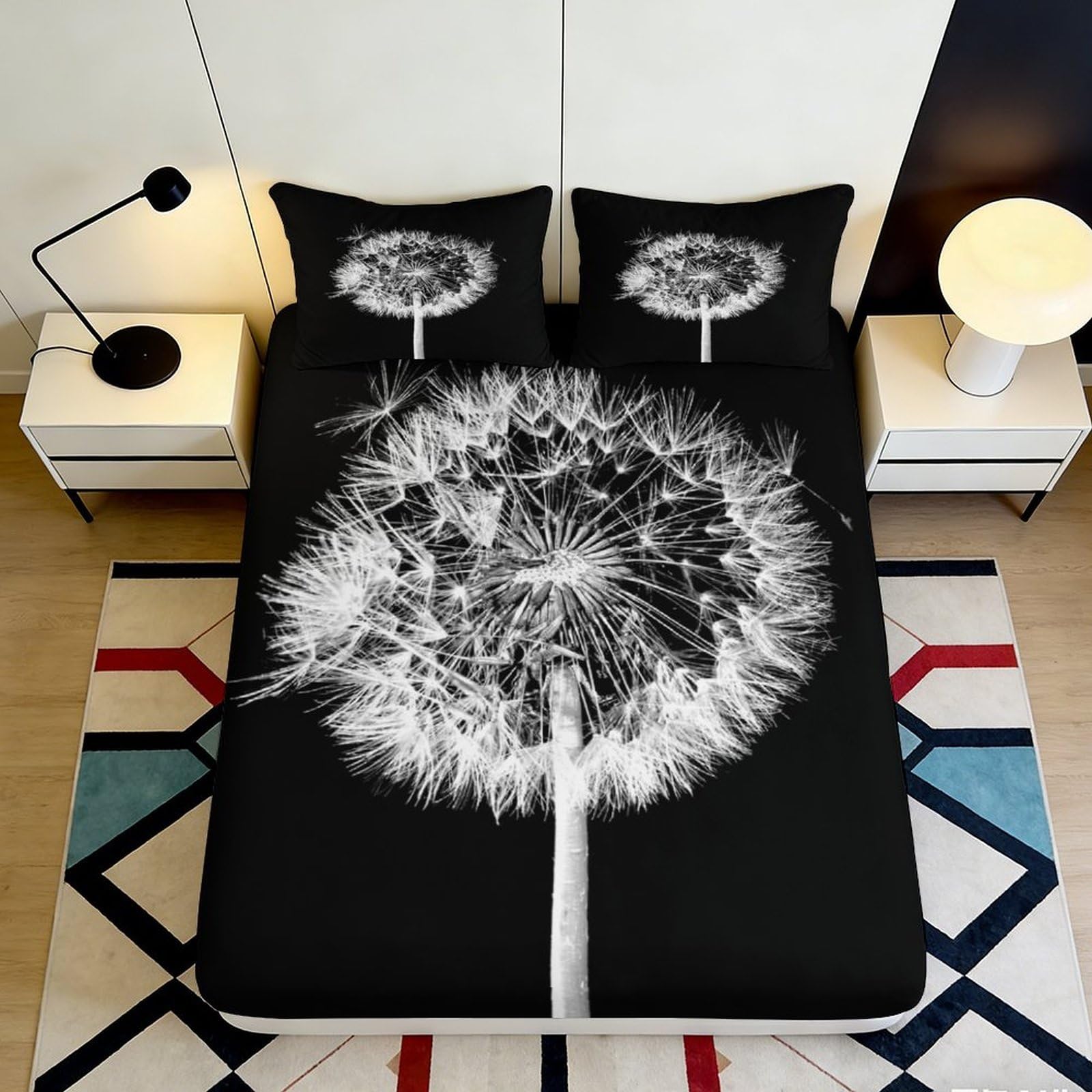 3D Printed Dandelion Art Black Fitted Sheet Microfiber Soft Protective Botanical Mattress Cover Bedroom Decor 90x200x25cm