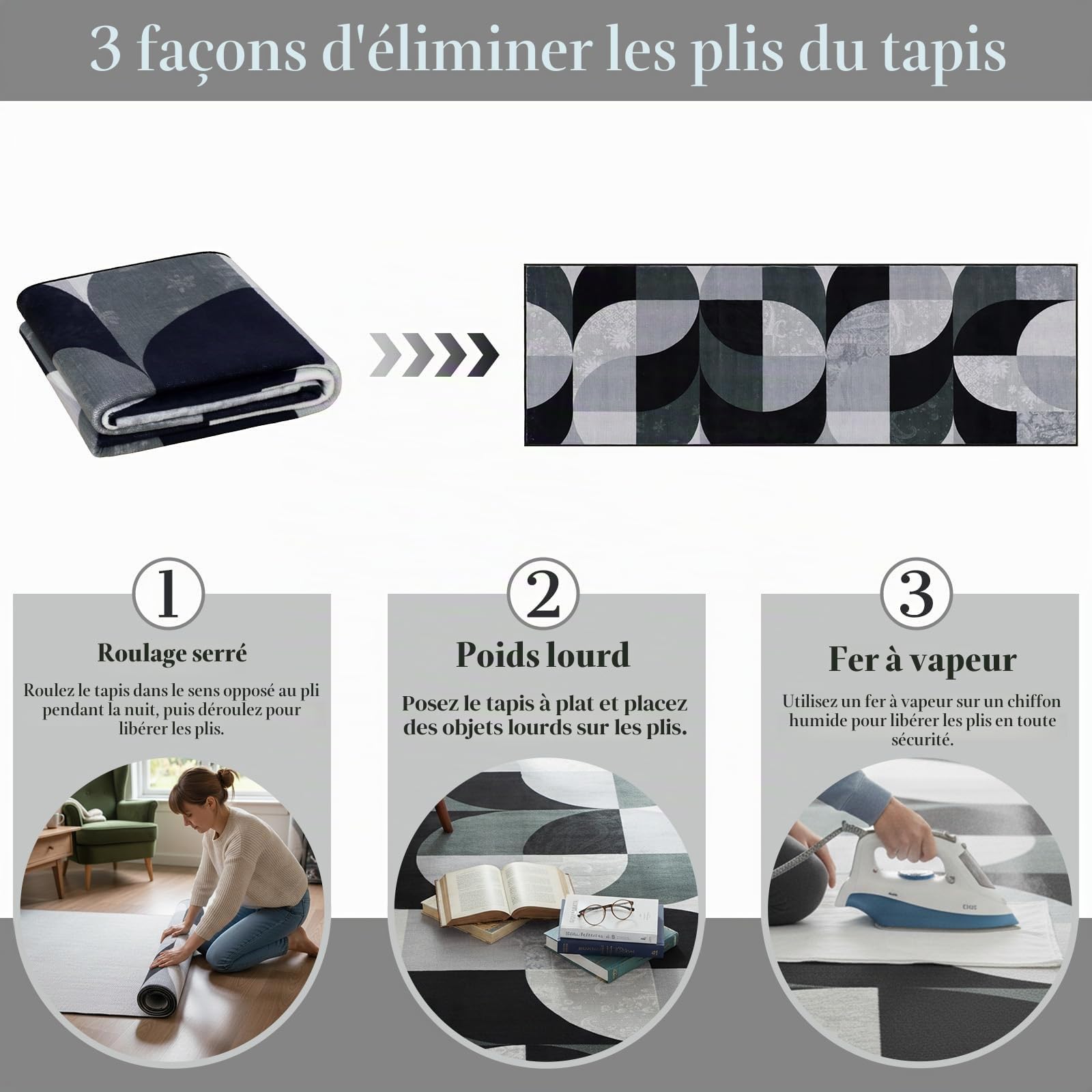 Tapis de couloir bohème à poils courts et doux, lavable, pour couloir, buanderie, entrée, salle de bain, 60 x 180 cm, noir