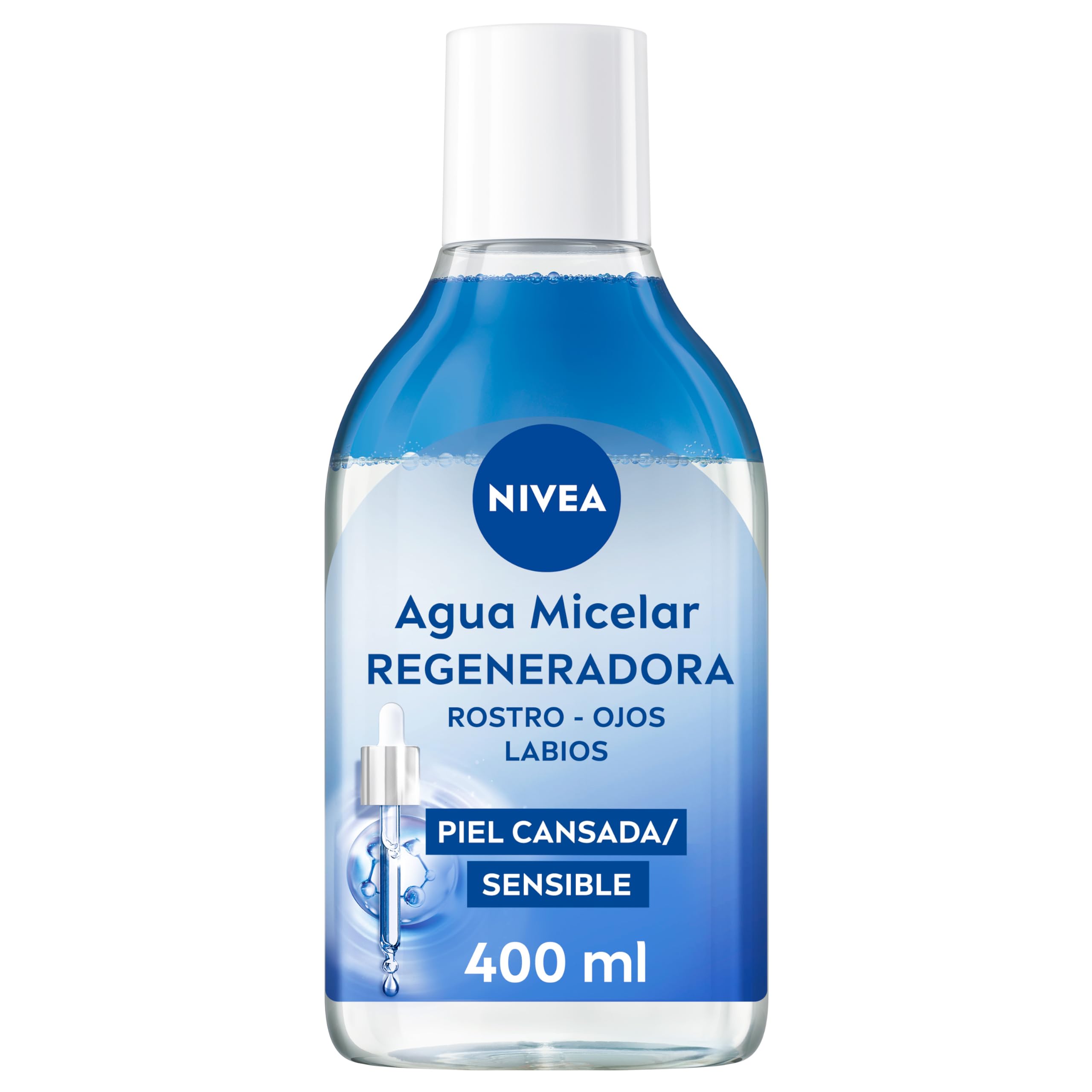 NIVEA Agua Micelar Regeneradora (400 ml), gel limpiador facial con 5% Sérum y Amino Acid Complex, tónico facial para rostro, ojos y labios, aceite desmaquillante facial con Pantenol y Escualano