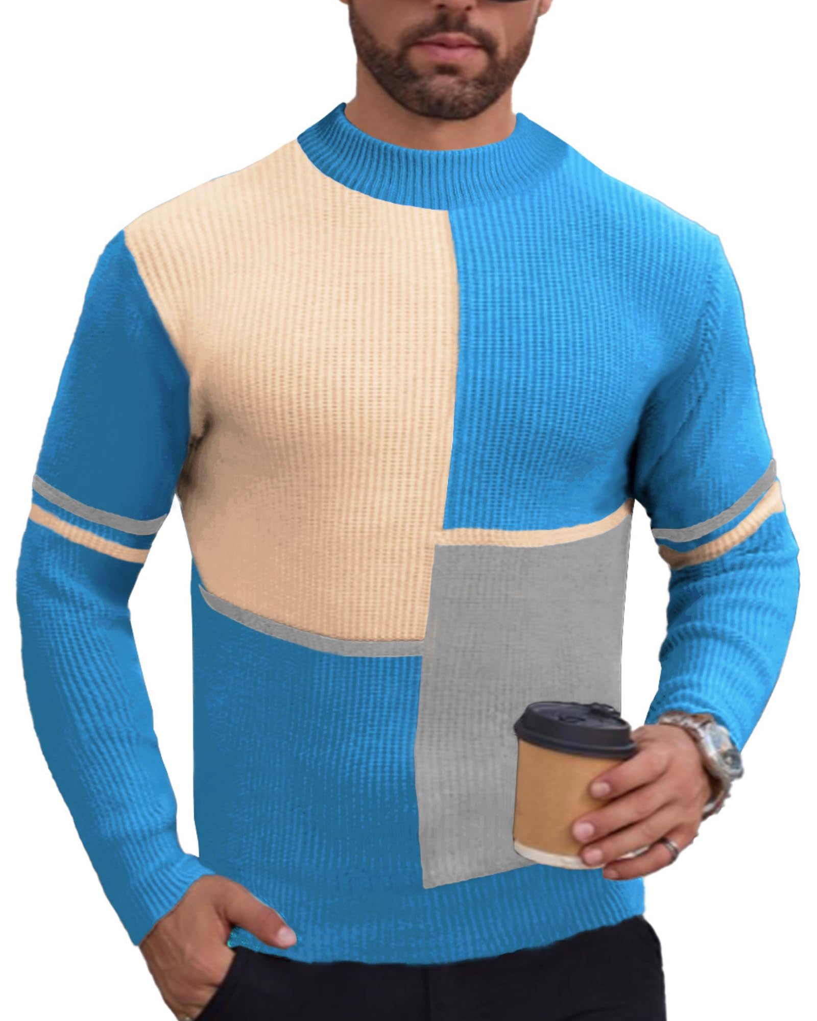 crazy bean Maglione Uomo Invernale Collo Rotondo Maglia Dolcevita Patchwork Felpa Lupetto Lupetto a Maglia Slim Fit