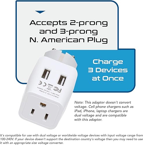 Vista 131 de Ceptics Juego de 2 adaptadores de viaje para Italia, Europa, con 2 entradas USB + enchufe de EE. UU., tipo L y tipo C, ultra compacto, conexión a