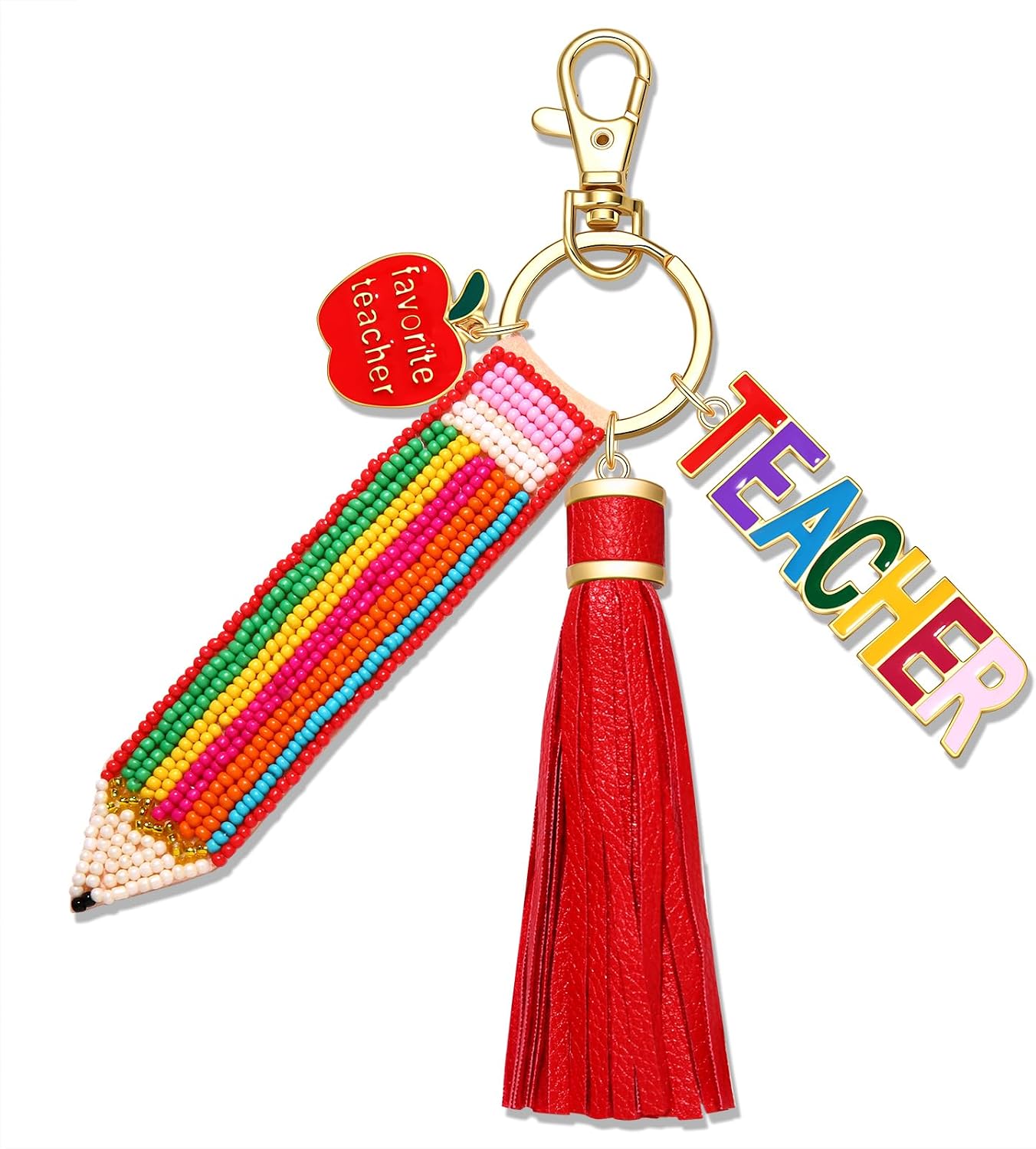 YAHPERN Teacher Keychain for Women Beaded Pencil Key Chain Purse Charm with Tassel Back to School Accessories Outfits