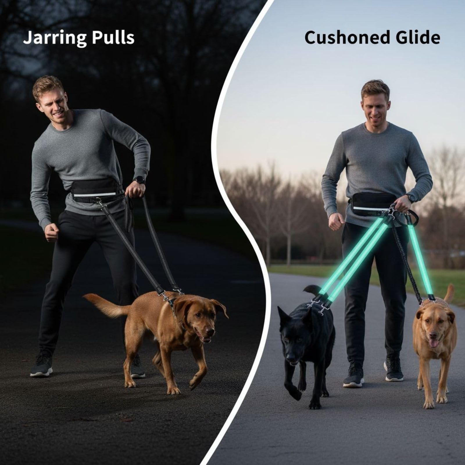 Laisse Mains Libres pour Chien avec Pochette, Double Laisse pour Deux Chiens, Longe élastique rétractable, Anti-emmêlement, Ceinture Ventrale réglable, Bandes réfléchissantes, Nylon Robuste, Vert