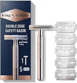 King C. Gillette Navalha de segurança com cabo cromado e 5 refis de lâmina de barbear de segurança com borda dupla revestida de platina