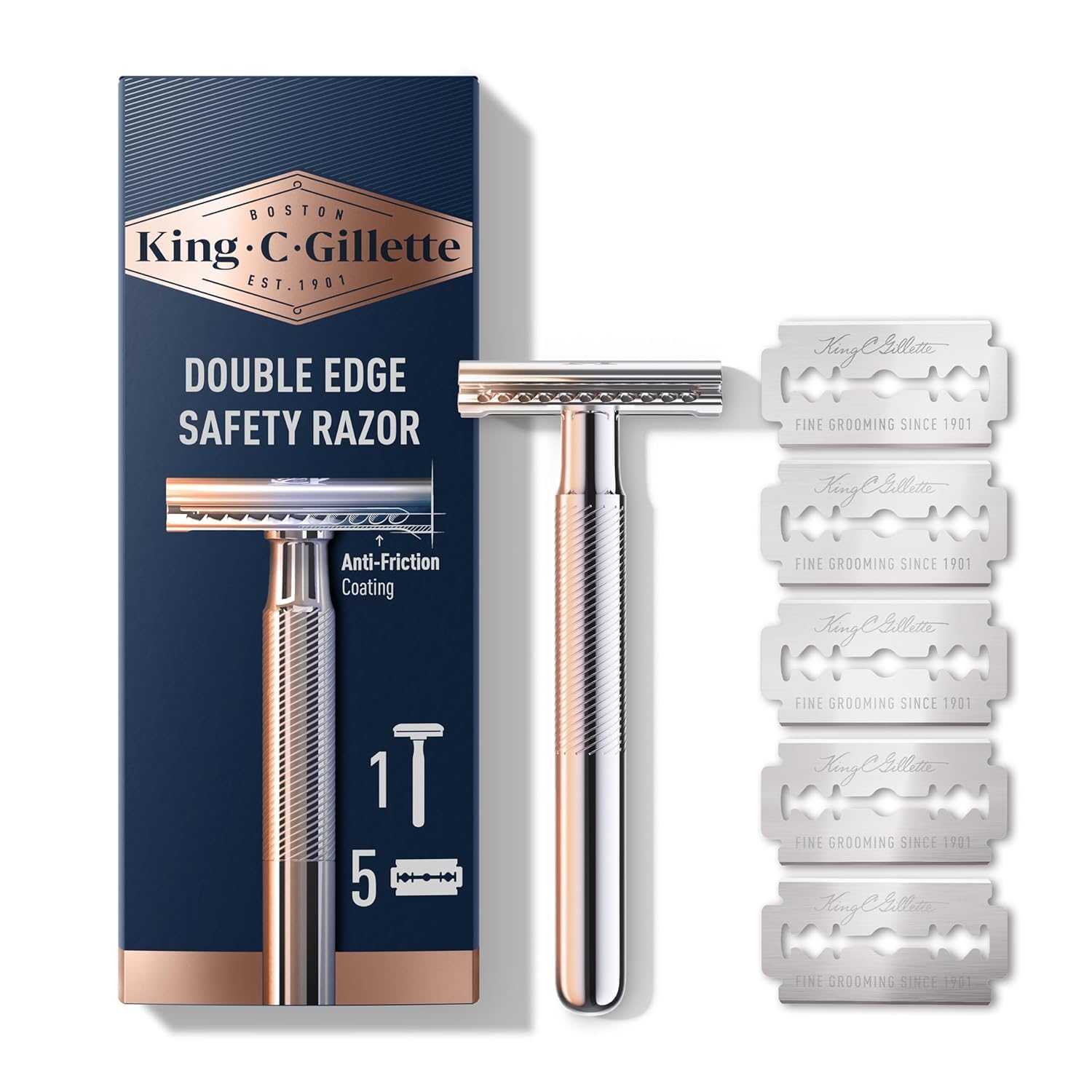 King C. GilletteSafety Razor with Chrome Plated Handle and 5 Platinum Coated Double Edge Safety Razor Blade Refills
