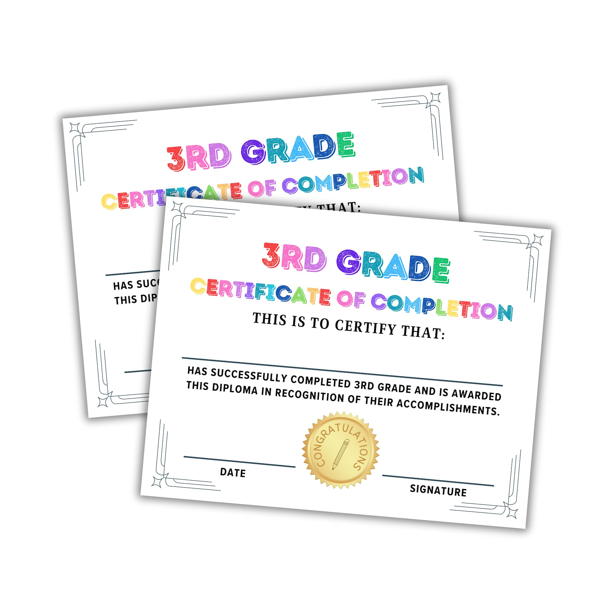 3rd Grade Graduation Certificate of Completion | 50 pk 8.5 x 11” for Elementary School Class End of Year Achievement Awards Third Grade Teacher