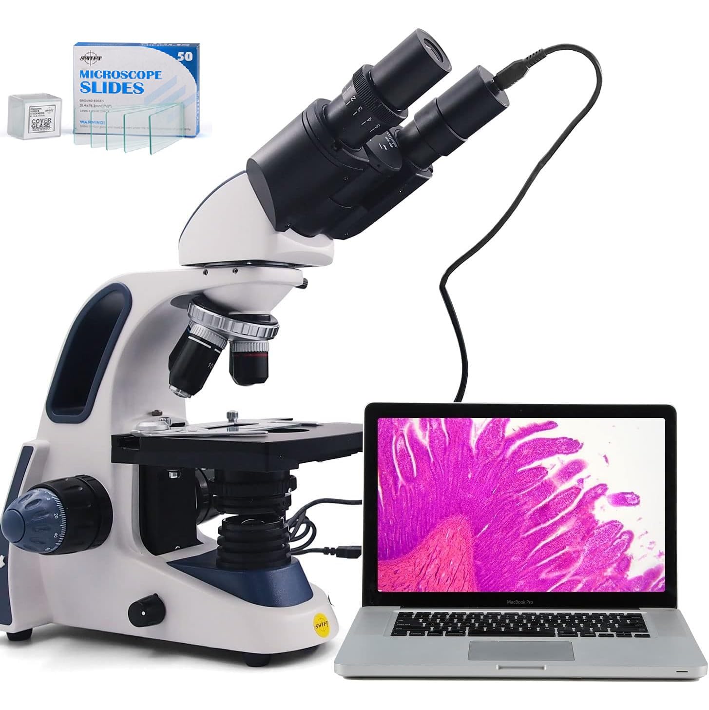 SWIFT SW380B-EP1-5PBC-BS50 40X-2500X Siedentopf Research-Grade Compound Lab Binocular Microscope with 1.3mp Camera and 5 PCS Prepared Slides and 55 PCS Blank Slides