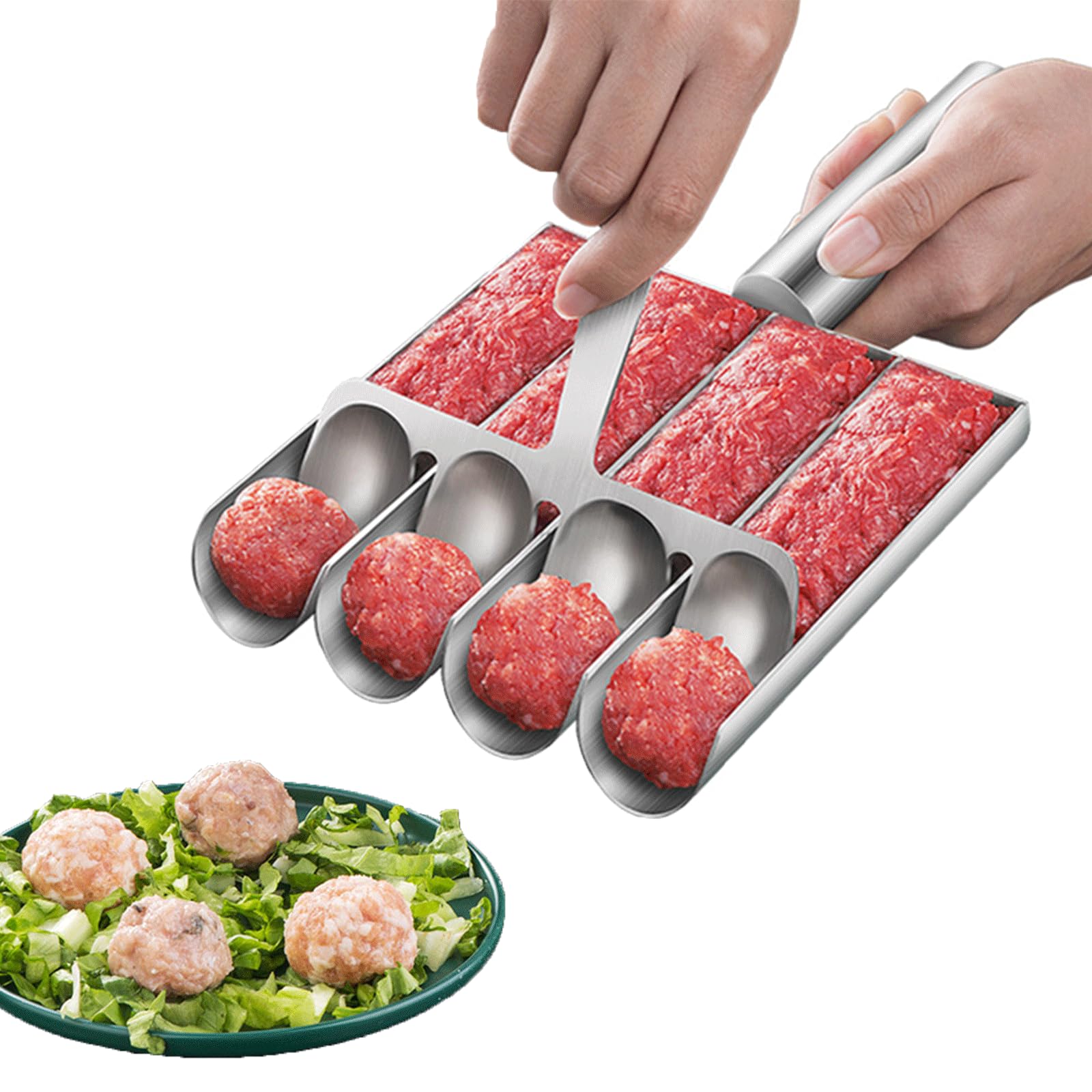 Wmzjnljy 1pc 4 Tubes Meatball Maker with Cutting Spatula Multifunctional Meatball Scoop Maker Creative Stainless Steel Kitchen for Quickly Shaping Cookies Fish Balls and Shrimp Bal(Z135-1)