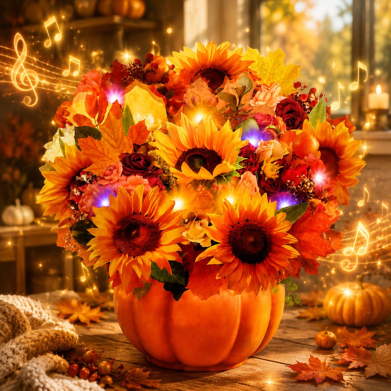APOTODITO Tarjetas de Acción de Gracias, ramo de flores de otoño desplegable con música y luz, regalos de Acción de Gracias de 12 pulgadas, regalos de Halloween para ella, mamá, mujer, esposa, hermana