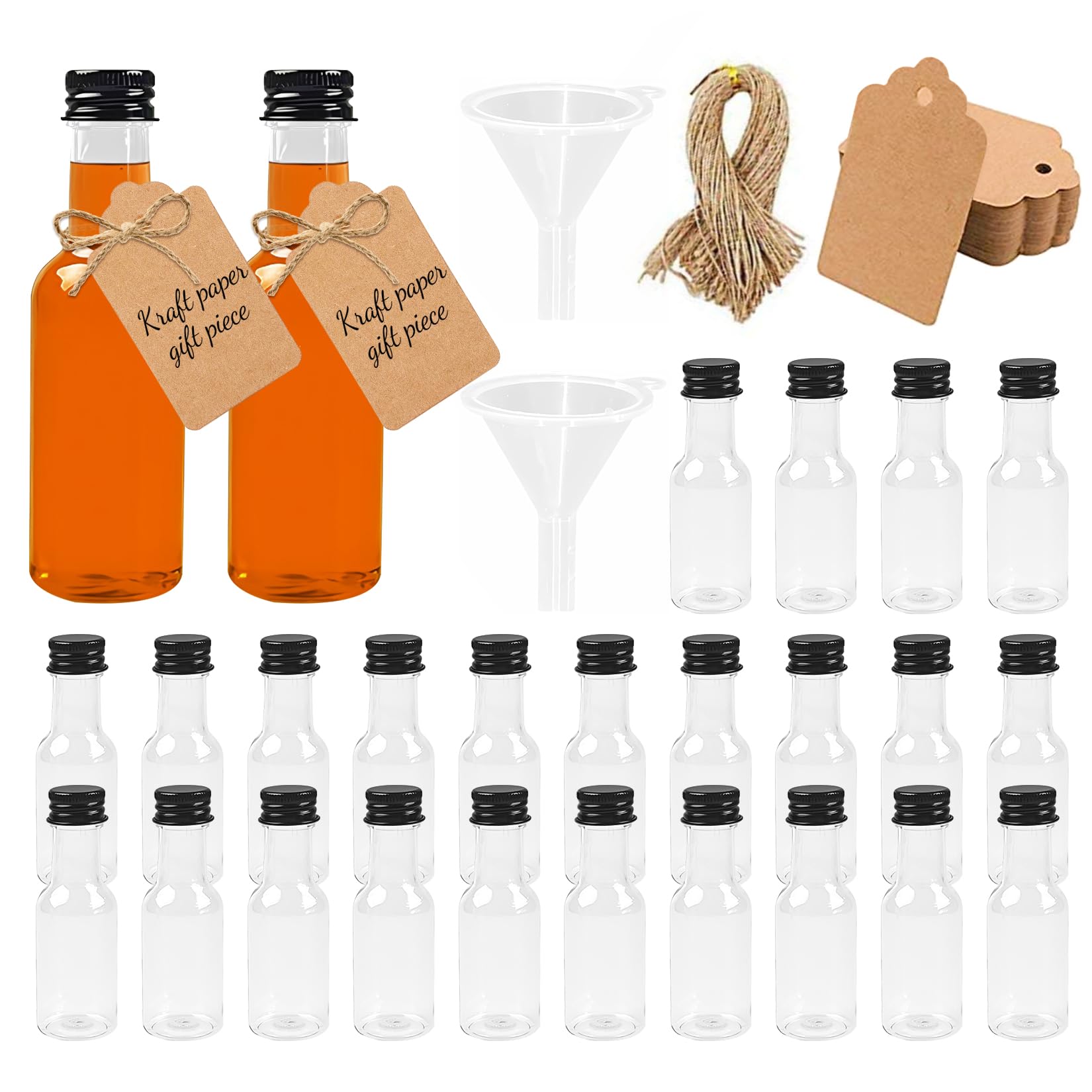 24 piccole bottiglie da riempire, 50 ml, mini flaconcini di liquore con coperchio e imbuto in plastica, piccole bottiglie shot in plastica per matrimoni e feste