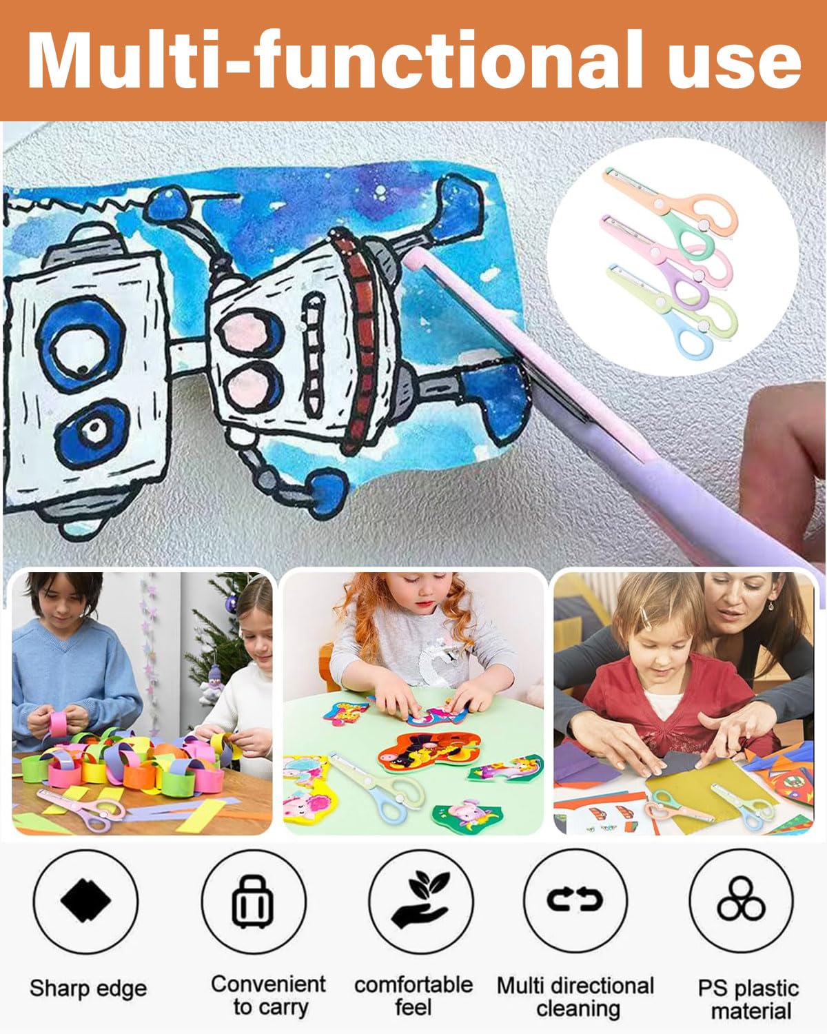 3 piezas Tijeras Infantiles con Dispositivo de Seguridad,para Niños y Revestimiento de Plástico,con Punta Redonda