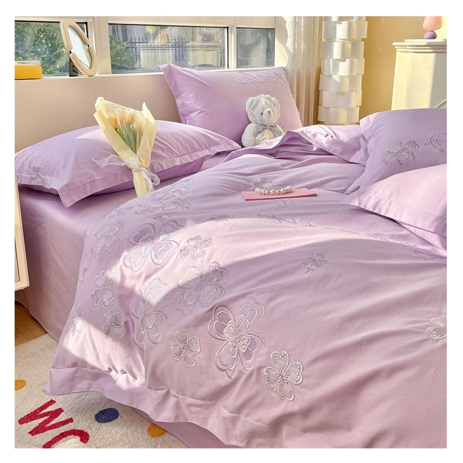 Parure de lit 100% coton lavé douce broderie violette 4 pièces