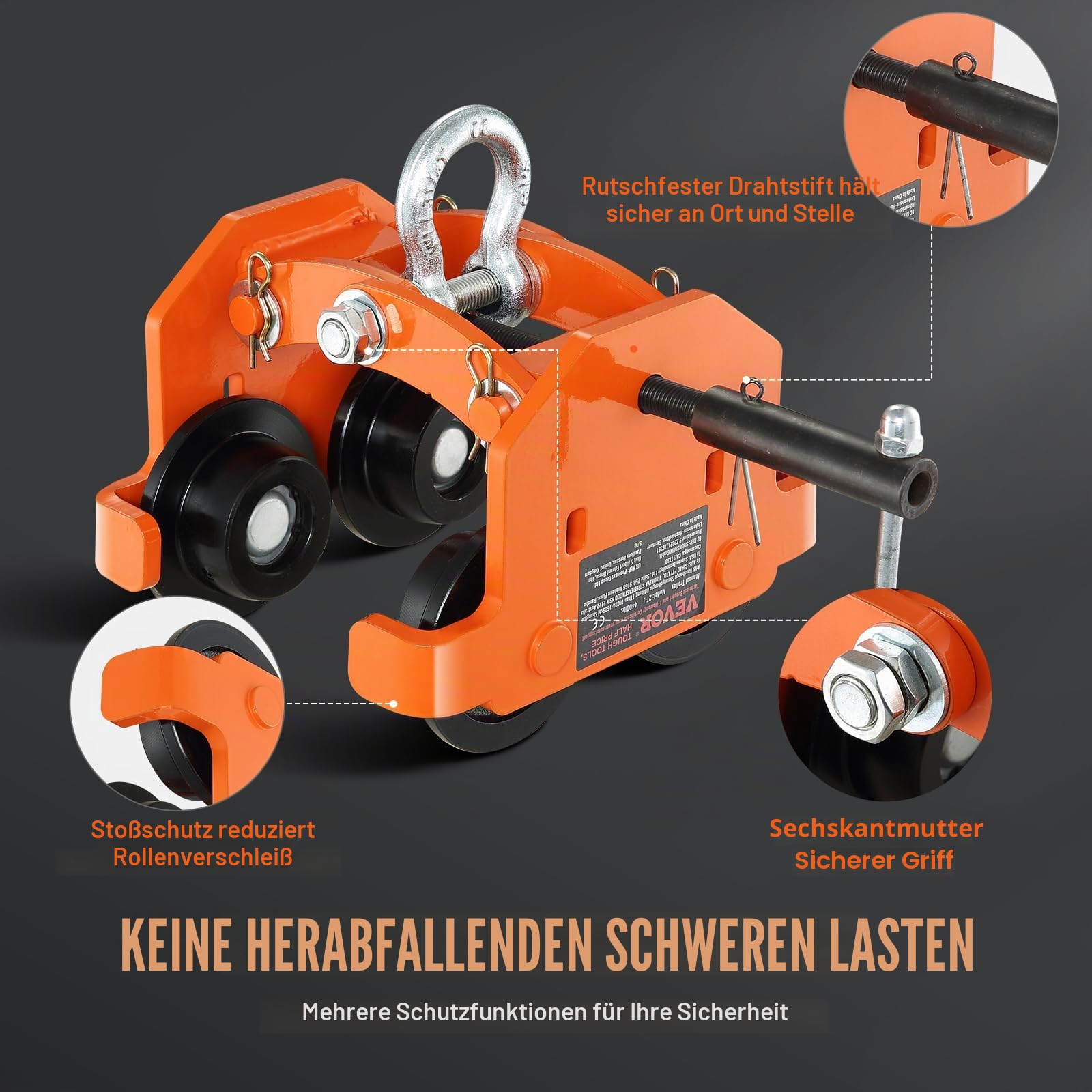 VEVOR Laufkatze 2Tonnen Tragfähigkeit Hallenkran 71–170,2mm Einstellbare Breite Kran 360x260x240mm Rollfahrwerk Doppelrad-Design Handfahrwerk für I- und H-Trägern Hallenkran Ladekran