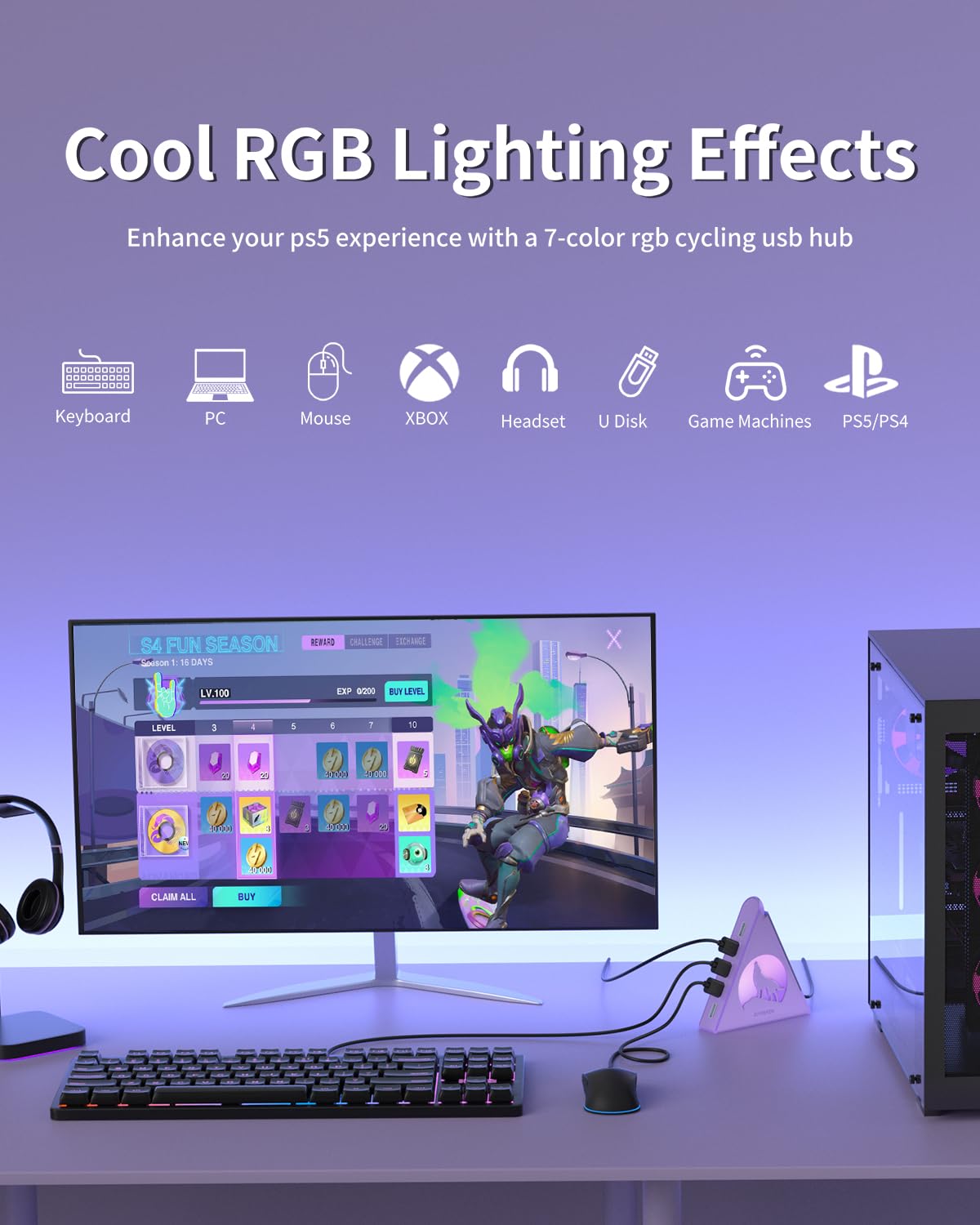Hub USB 3.0 a 7 porte, splitter USB verticale con illuminazione RGB, trasferimento dati ad alta velocità da 5 Gbps, cavo di prolunga da 0,8 m, hub USB Tower per PC, laptop, MacBook, PS5, Xbox, unità