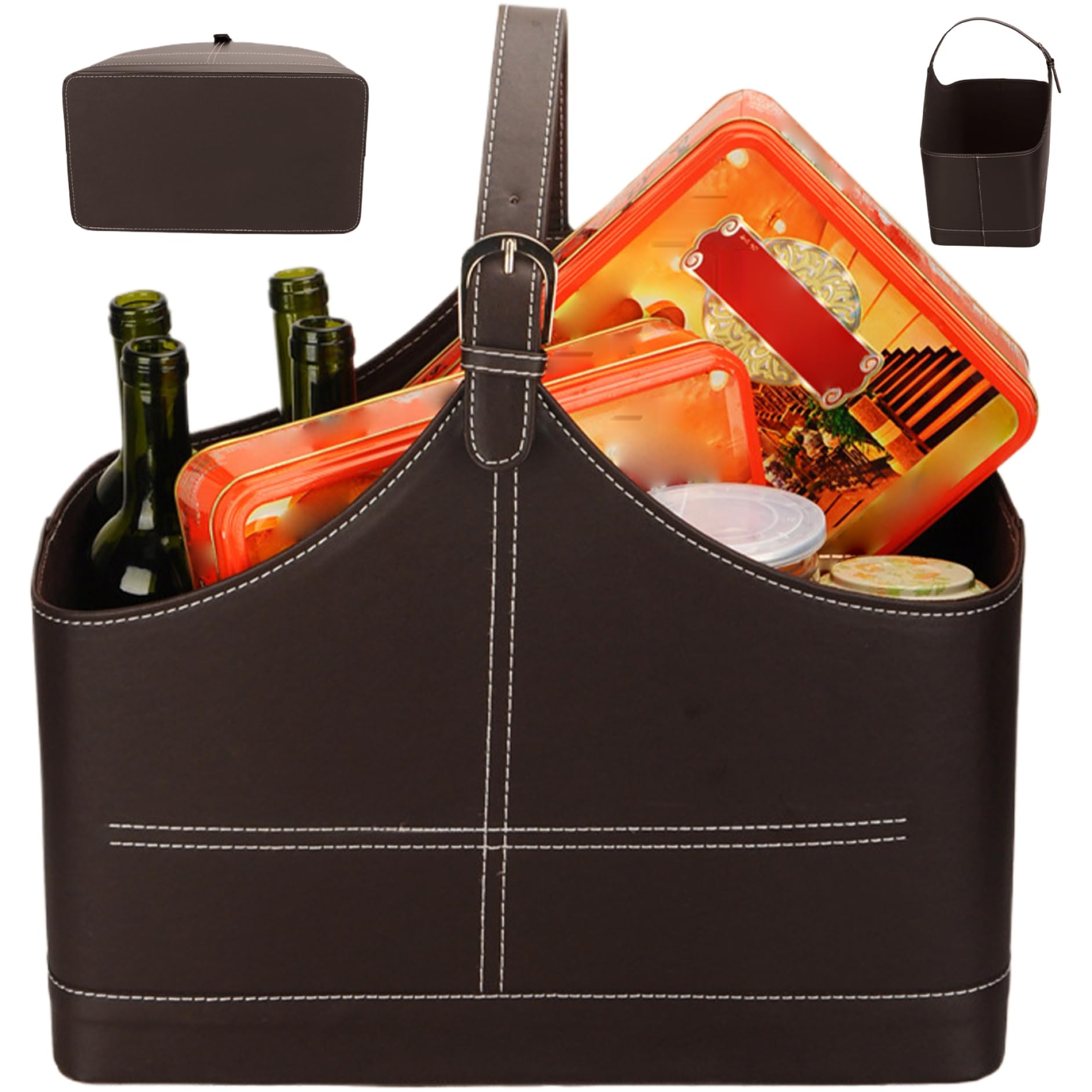 Cesta de vino impermeable con asa superior, almacenamiento seguro y portátil de cuero