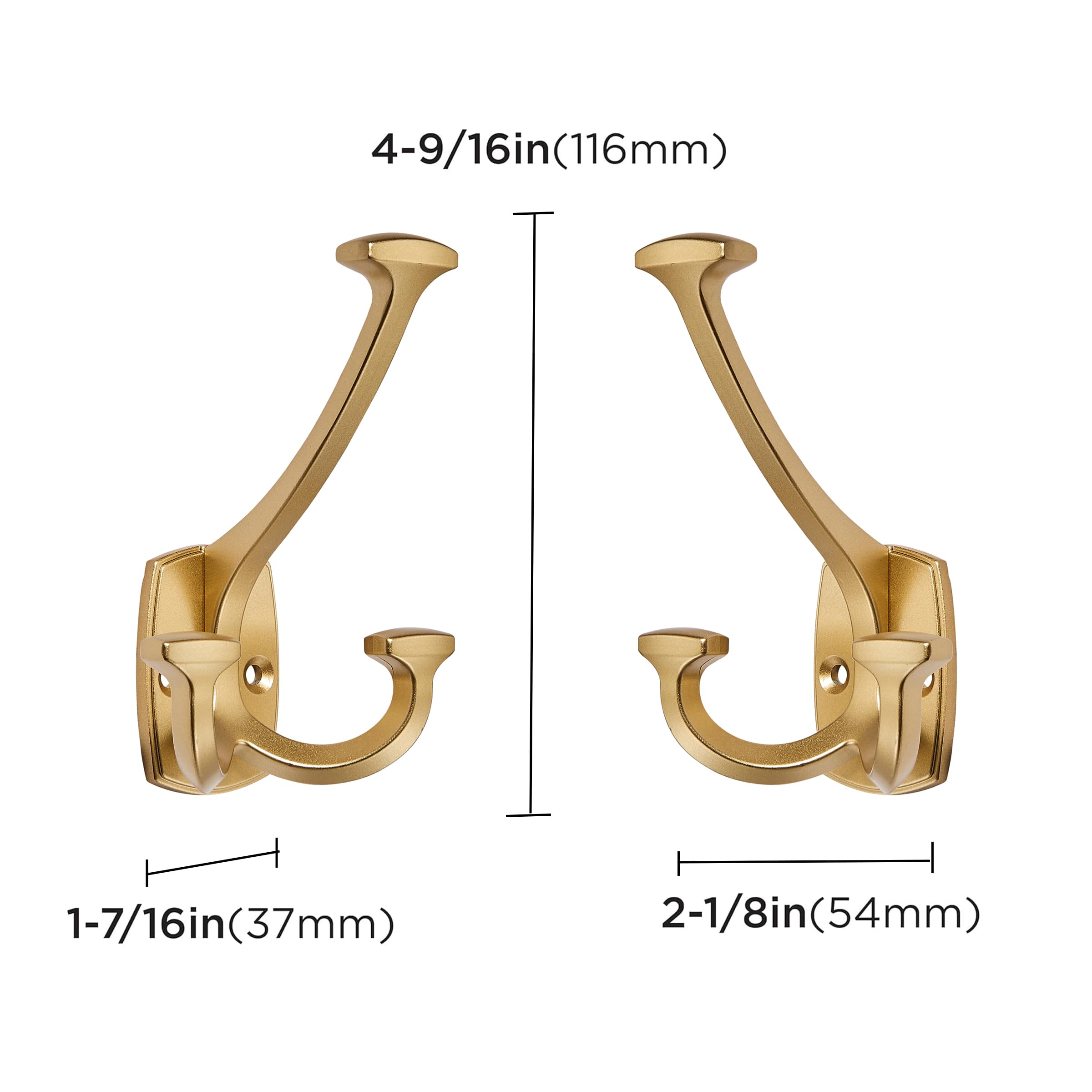 ZAUYX Large Wall Double-Sided Hook 2 Pack Gold Hook Decorative Heavy Duty Solid Large Coat Hooks for Towel Hanging Coats Robe Towel Bags Door Back 2 Prong Hooks