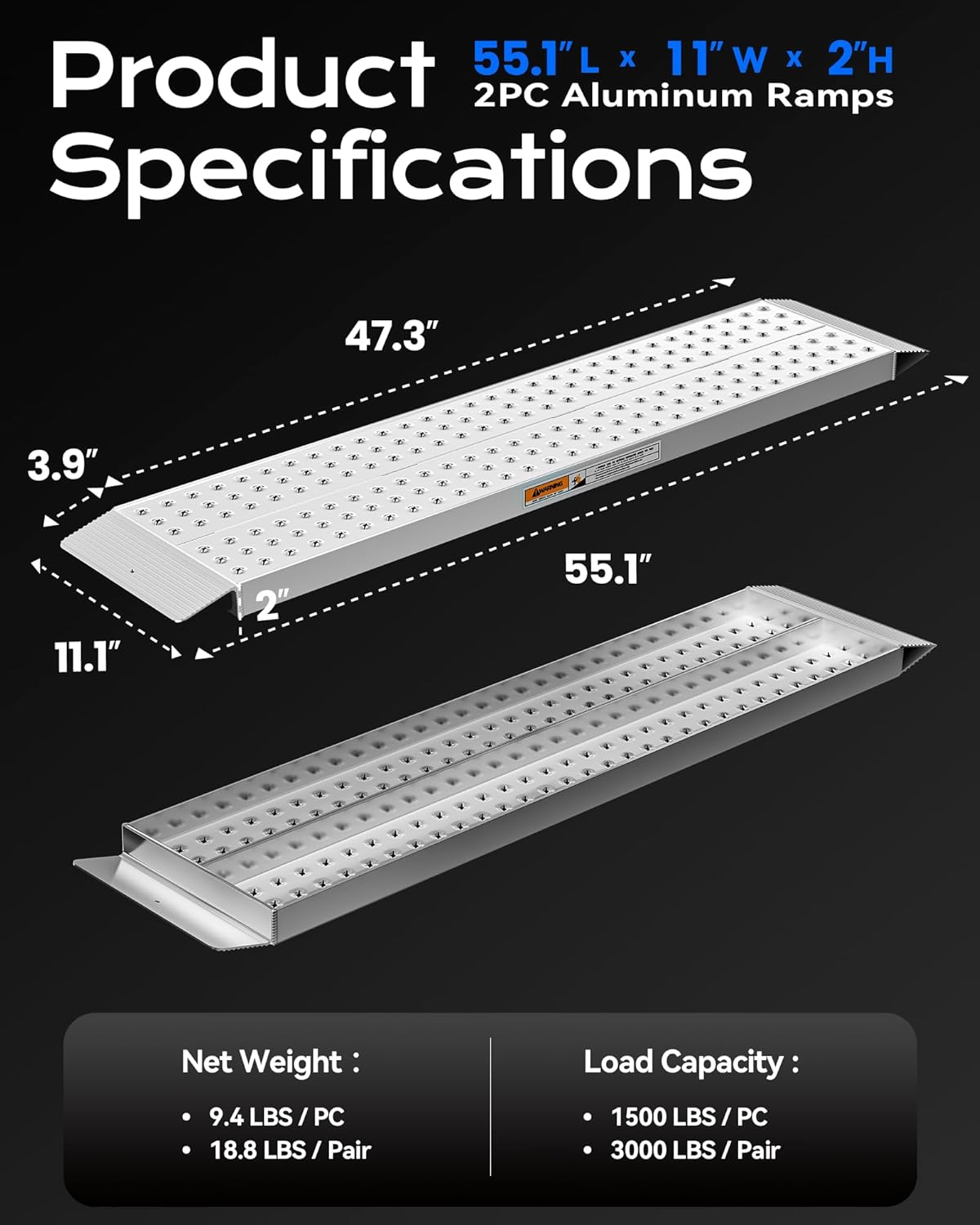 Aluminum Shed Ramp 55" L x 11" W Loading Ramps 3000 Lbs Capacity Lightweight Portable Ramp Anti-Slip Waterproof for ATV Lawn Mower Golf Cart Dirt Bike Motorcycle Garden Tractor 2Pcs
