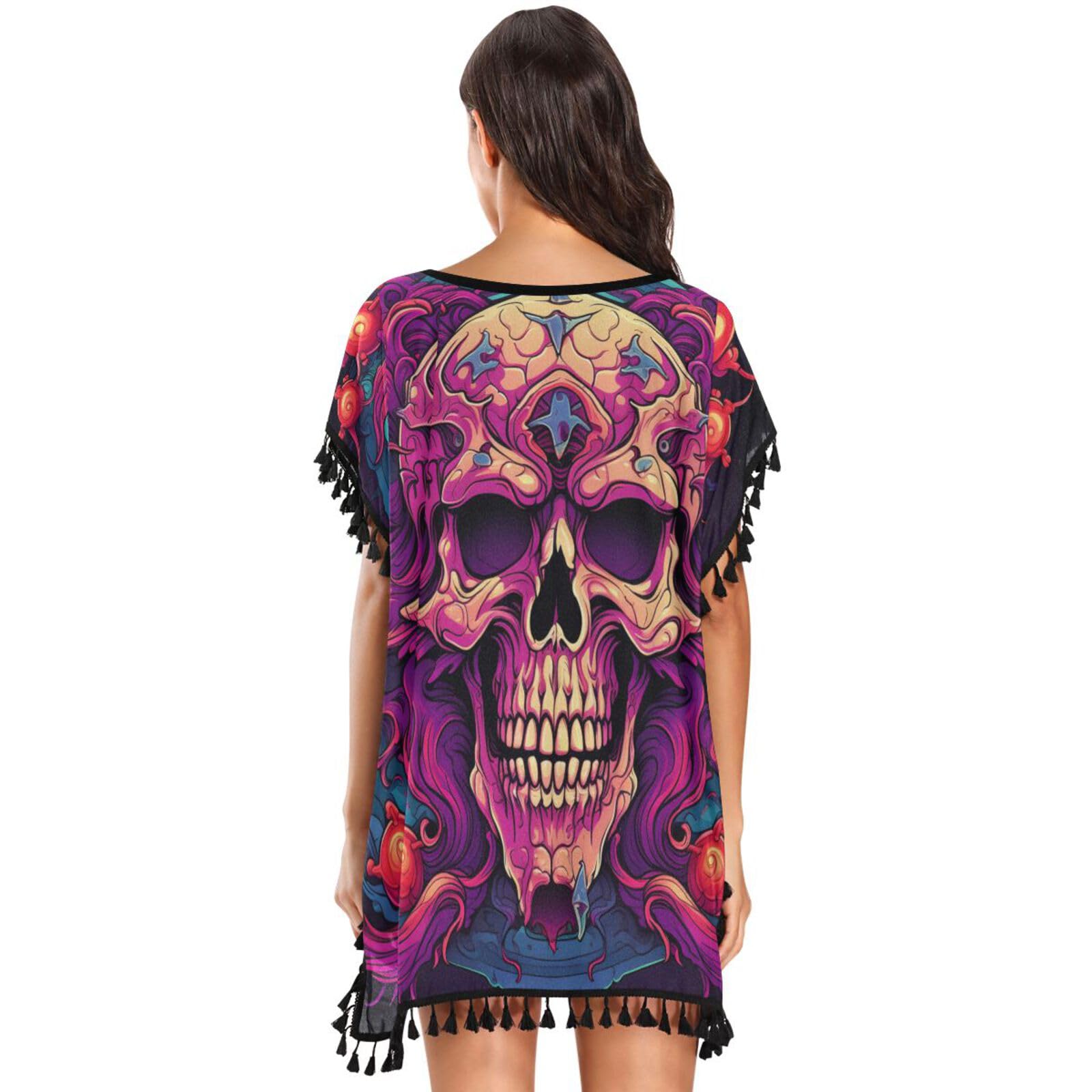 Art Cool Skull Abstract Women's Beach Cover Up Chiffon Tassel Swimwear Swimsuit Coverups for Girl