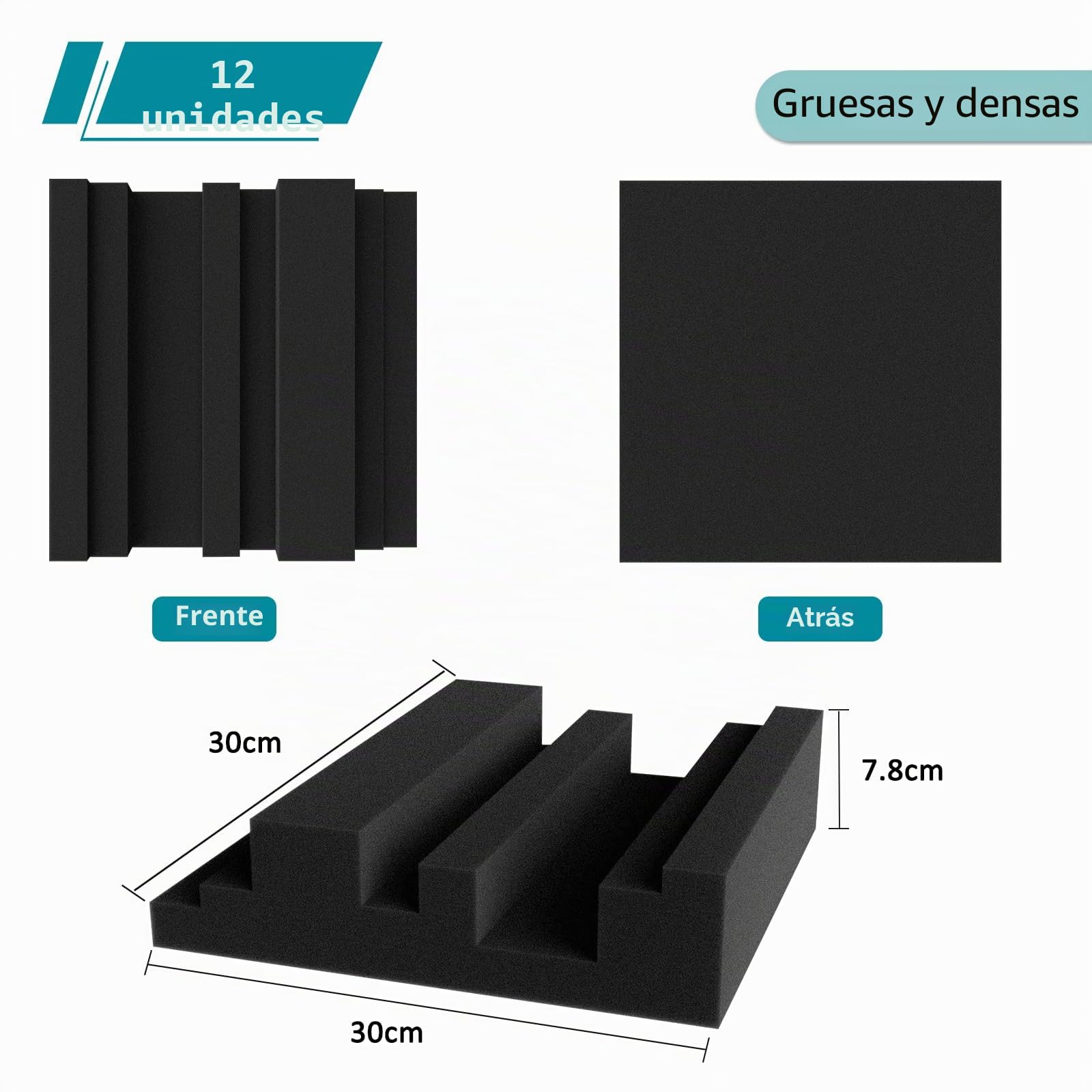 BXI Paneles de espuma acústica gruesa de 12 x 12 x 3 pulgadas en patrón de difusión, 12 difusores de espuma de absorción de sonido de alta densidad, azulejos acolchados de pared 3D insonorizados para