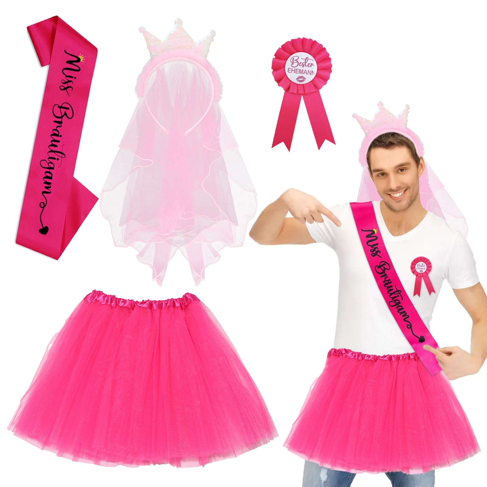 Capgoost Juego de disfraz de JGA para hombre, disfraz de despedida de soltero, traje JGA para hombre con velo de corona, tutú y faja de Miss Novio, accesorio de disfraz de fiesta JGA para hombre,