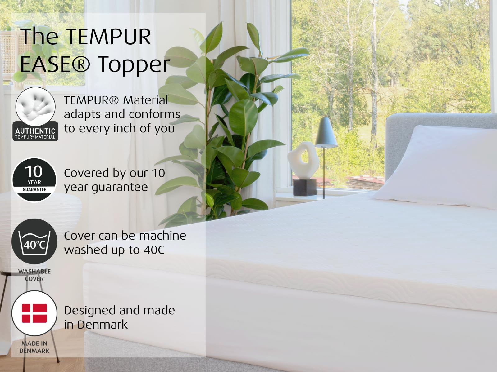 TEMPUR Ease Surmatelas Simple 90 x 190 cm, épaisseur 3 cm, Housse Lavable, Blanc