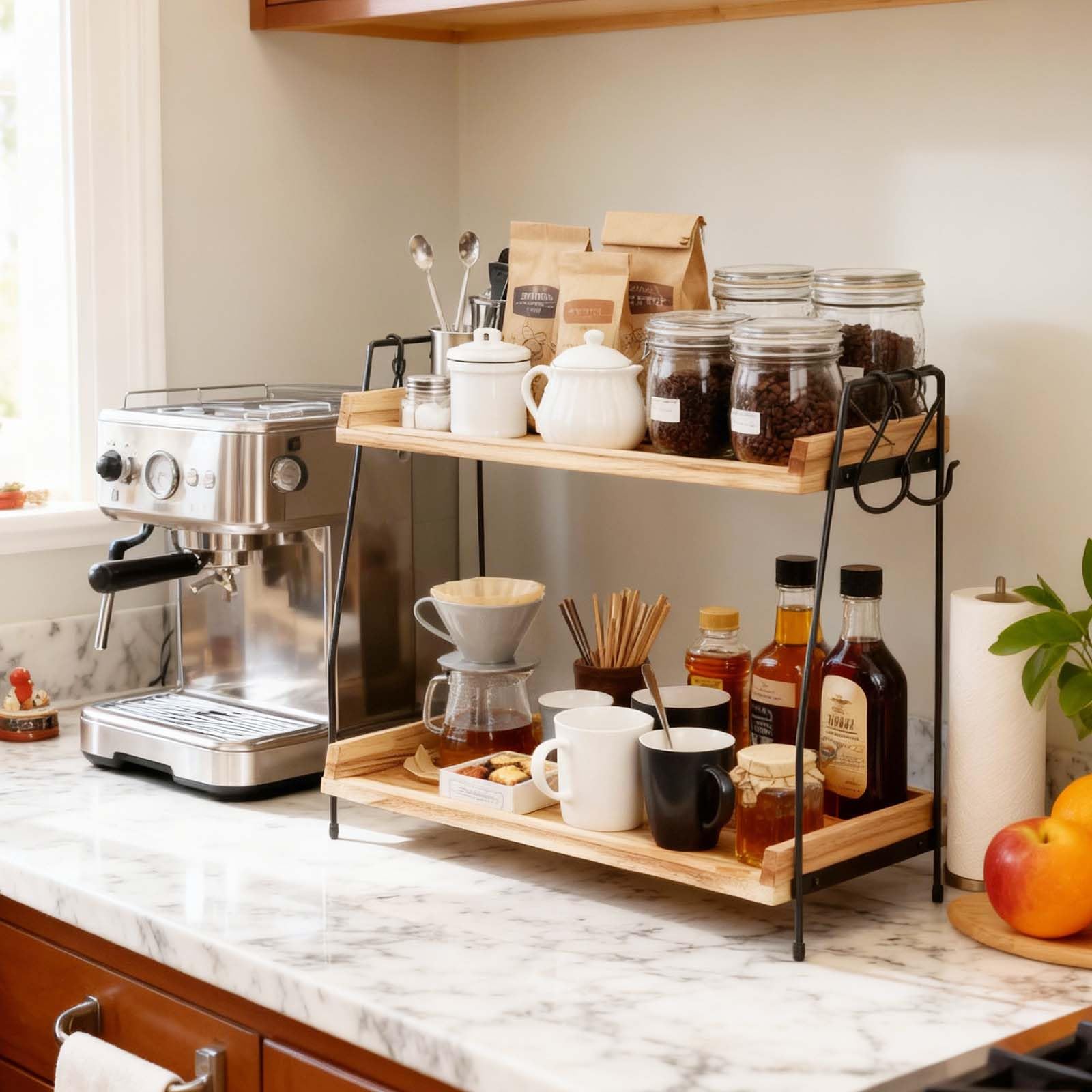 BZUEPRS Coffee Station Organizer for Countertop, 2 Tier Wooden Coffee Bar Accessories and Organisation with 4 S-Hooks, Standing Tea and Coffee Condiment Storage for Kitchen Office Home