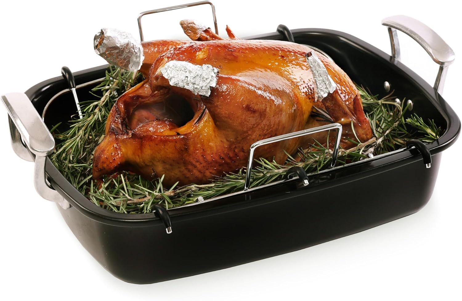 Uukrave Nonstick Turkey Roasting Pan with Rack - Large 18.5 x 14.7 Inch Heavy Duty Roaster for 25 lb Turkey or Chicken, Deep Oven Tray with U-Rack and Wide Handles, Non-Toxic, Black