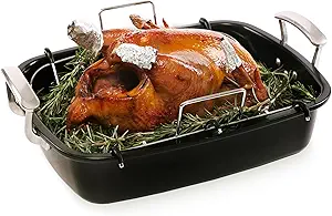 Uukrave Nonstick Turkey Roasting Pan with Rack - Large 18.5 x 14.7 Inch Heavy Duty Roaster for 25 lb Turkey or Chicken, Deep Oven Tray with U-Rack and Wide Handles, Non-Toxic, Black