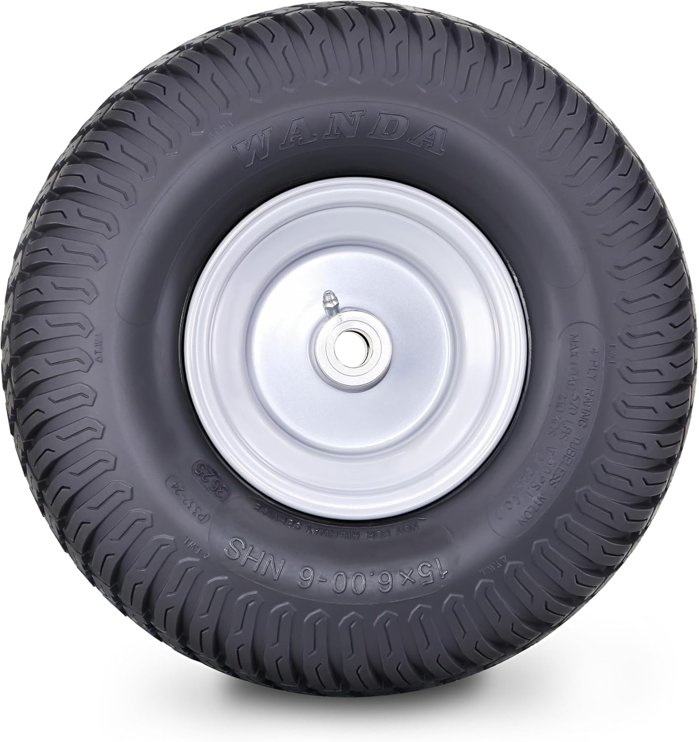 WANDA Lawn Mower Tractor Tire Wheel Assembly 15X6-6 4-Ply P332 with 3/4" Bushing 3" Center Hub Silver Wheel-13016,SET 2