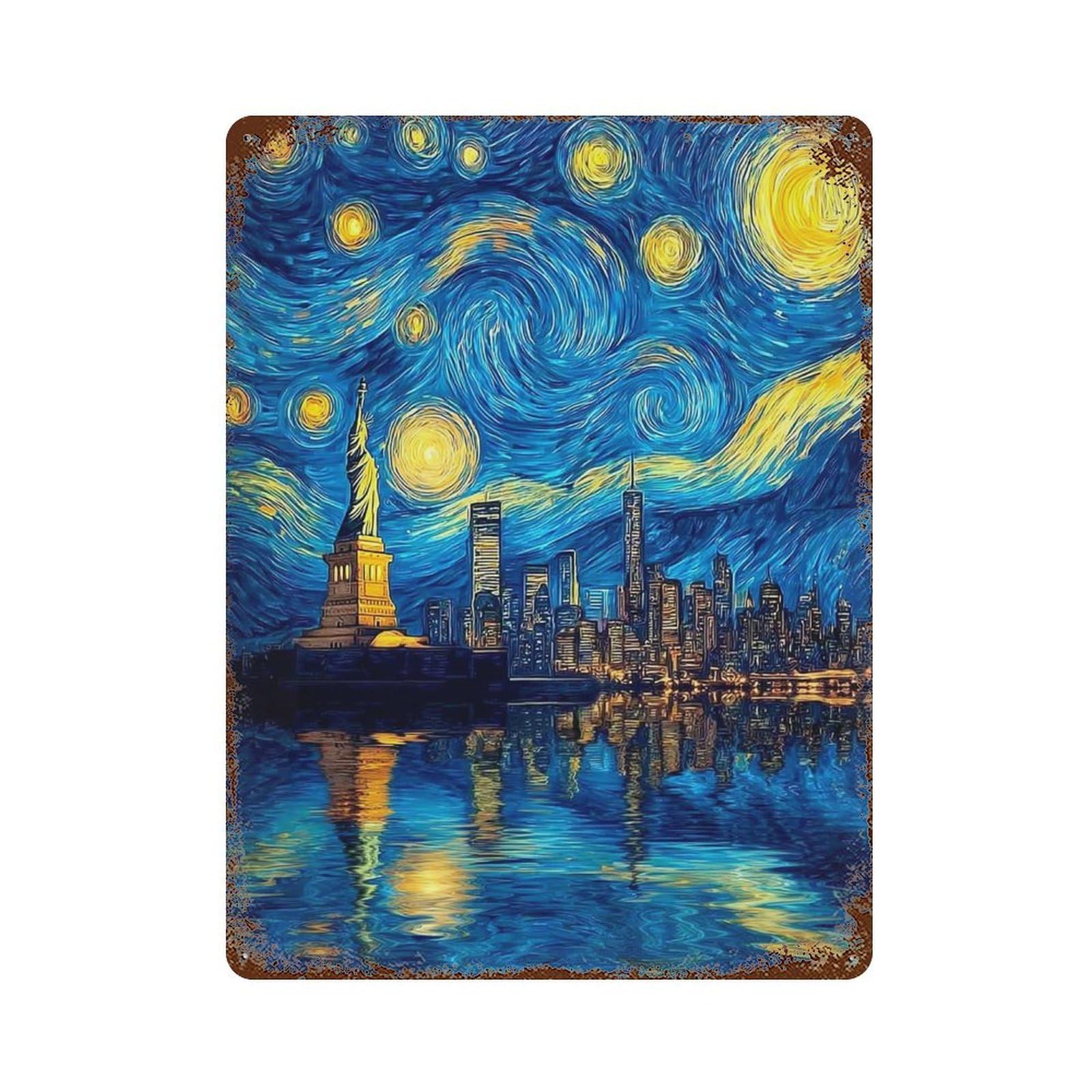 Starry Night Cityscape Art Print Rust Effect Tin Sign 15.7"x11.8", Vintage Wall Decor for Garage, Pub Or Kitchen