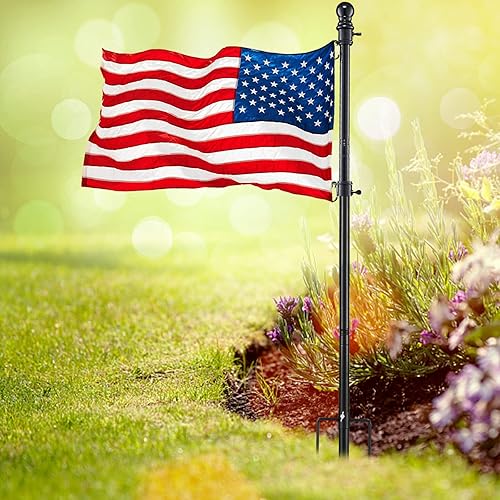 Miniatura 6 de Mástiles de bandera negra para exteriores en el suelo, poste de bandera de 8 pies para casa con base de 2 puntas, kit de asta de bandera de acero