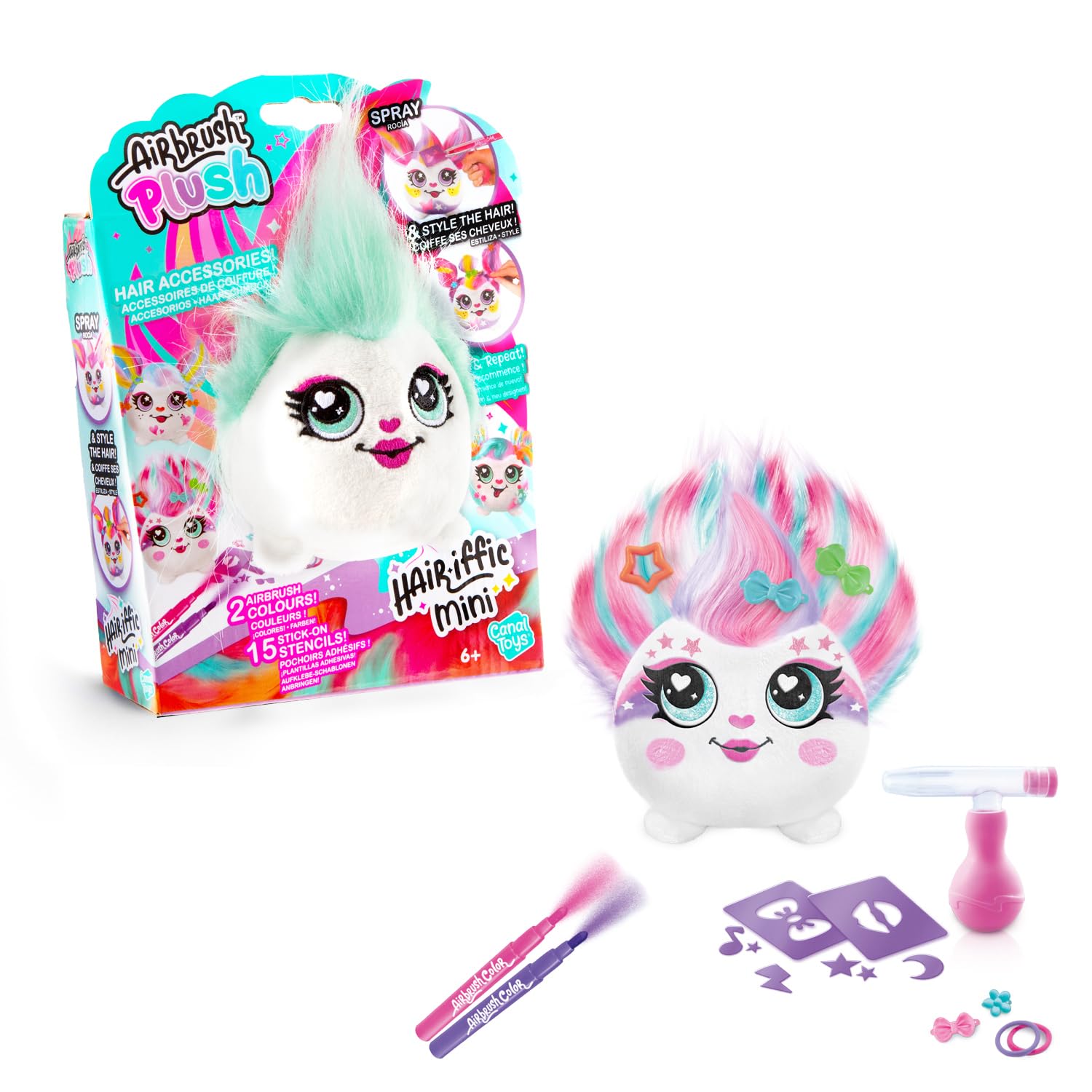 Airbrush Plush Hairiffic Mini  Style & Decorate Reusable Plush with Long Hair | Washable Markers, Real Airbrush Tool, 25+ Stencils & Hair Accessories | 3 to Collect  Pinkie, Pixie or Posh!