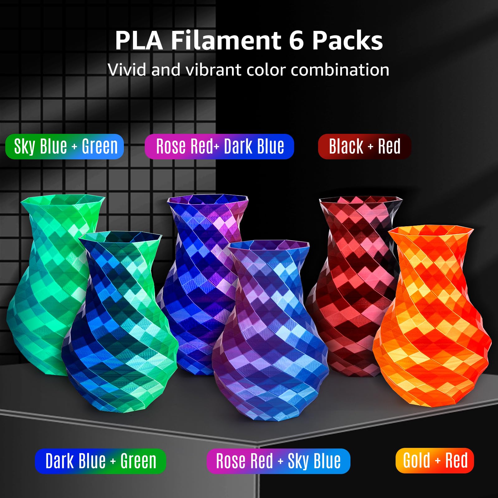 Filamento de impresión 3D PLA+ de seda de doble color, 6 paquetes – dikale 1.75 mm, paquete de 6 carretes de 250 g, dorado y rojo, negro y rojo, rojo rosa y azul cielo, rojo rosa y azul oscuro, azul