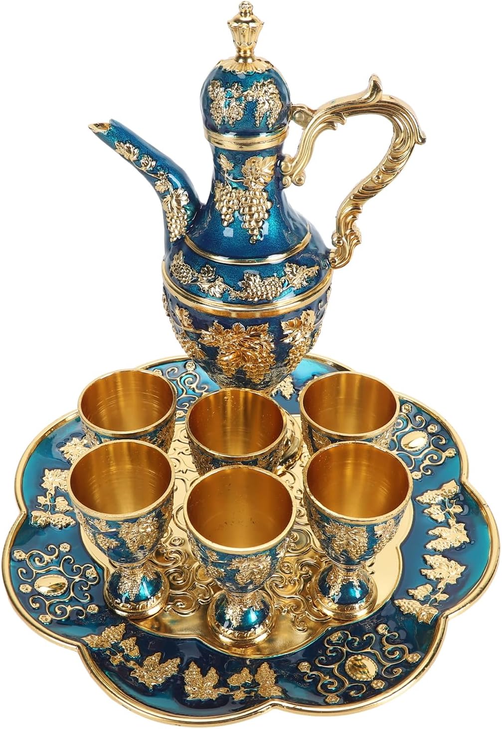 Retro Coffee Pot Tray Set Rustproof Vintage Luxury Serving Set for Daily Use Zinc Alloy (Gold Blue)