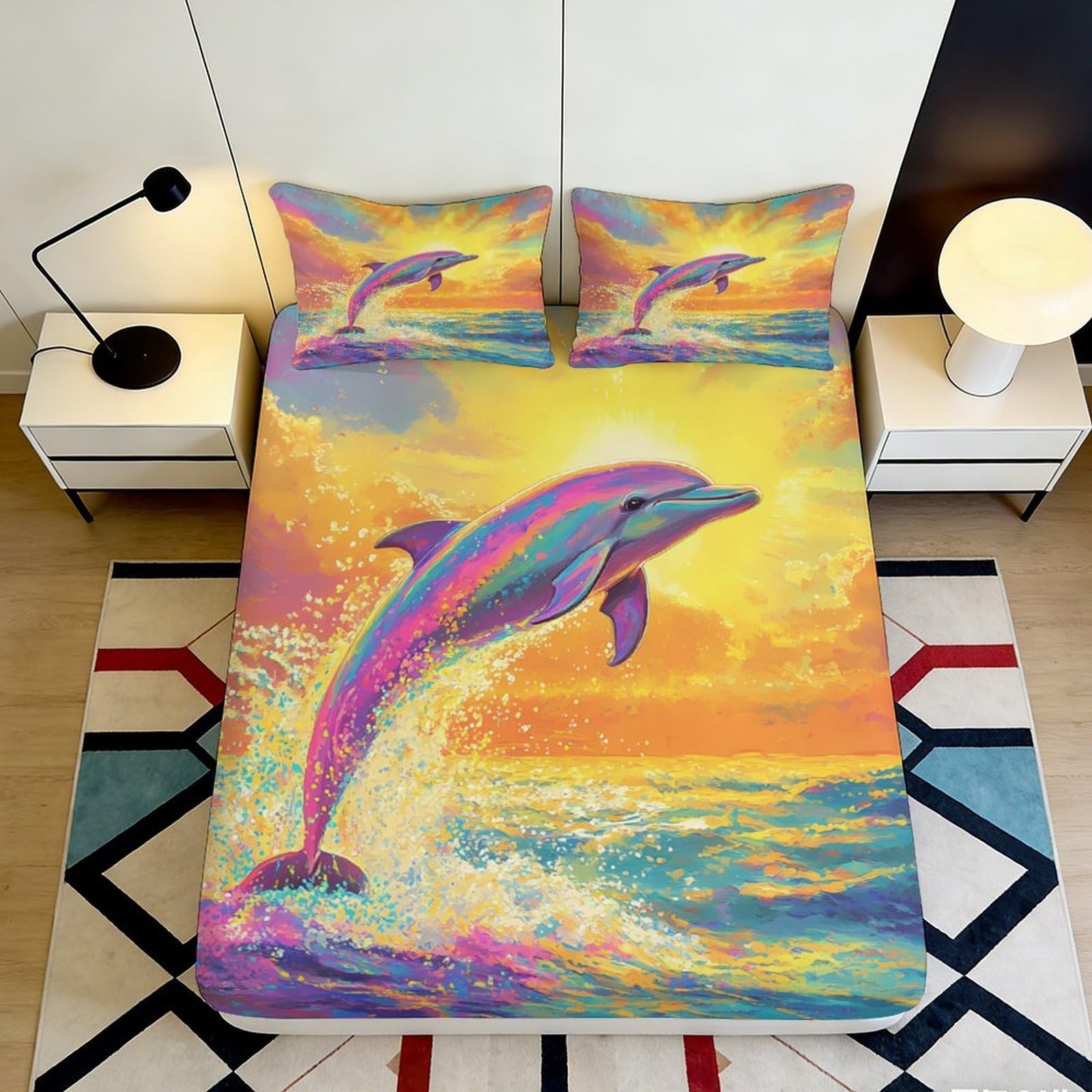 Pnayamiorkfel Style-2 3D Printed Colorful Dolphin Sunrise Fitted Sheet Microfiber Soft Bed Sheet Ocean Sunset Mattress Cover Bedroom Decor 90X200x25cm