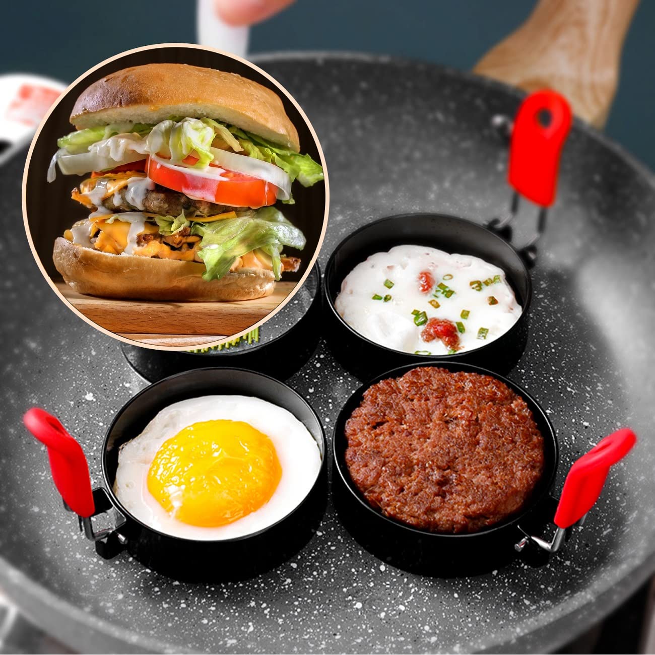 6 moldes para panqueques, anillo de huevo, anillos de cocina de metal recubierto de negro antiadherente con mango antiquemaduras de silicona para plancha, huevos de sándwich de bricolaje, 7
