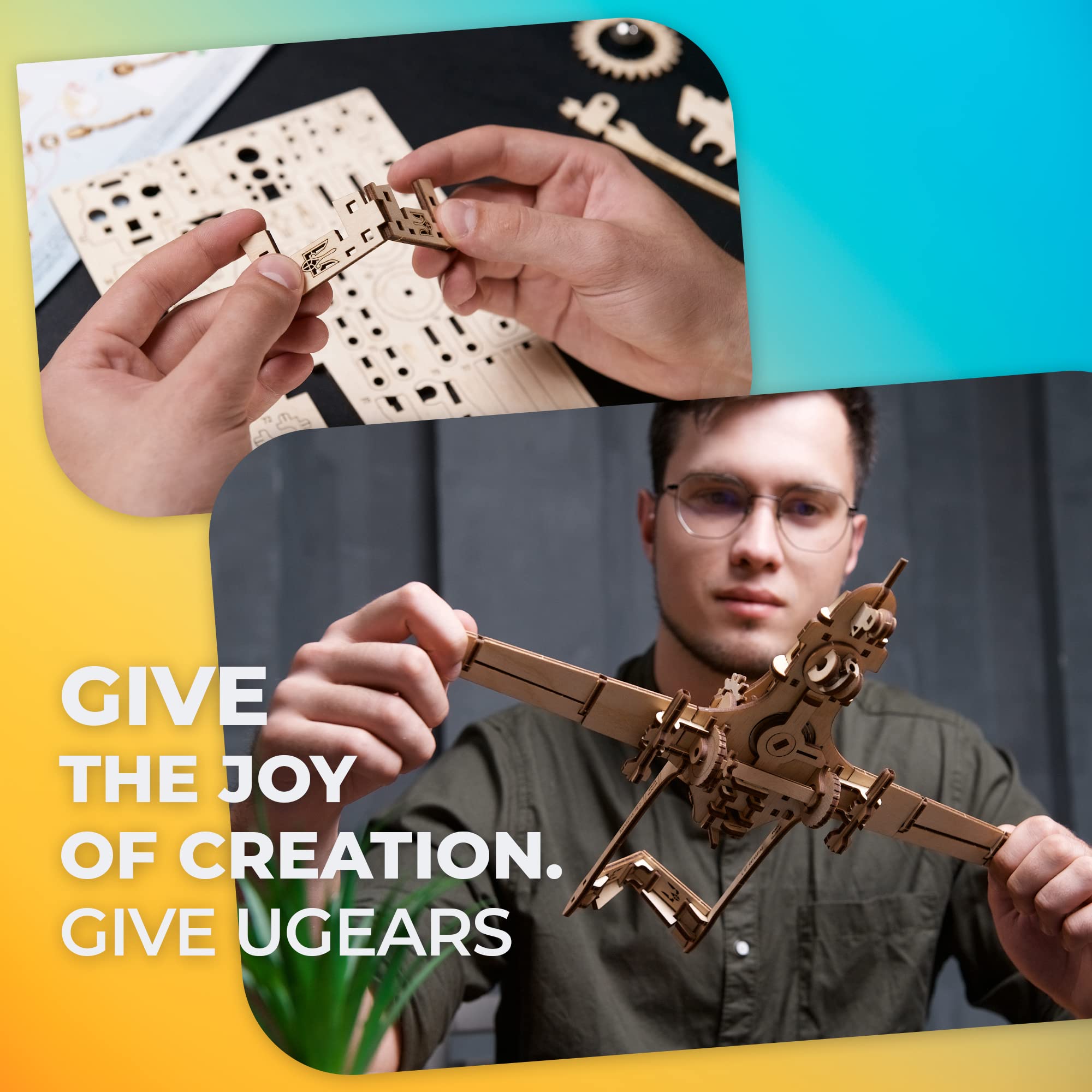 UGEARS Kampfdrohne Bayraktar TB2 Modellbausatz - Holzbausatz Flugzeug Drohne 3D Puzzle mit Ruders, Querruder, Überwachungskamera und lösbarem Flugkörper - DIY 3D Holzpuzzle Erwachsene und Kinder
