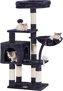Heybly Cat Tree with Toy, Cat Tower condo for Indoor Cats, Cat House with Padded Plush Perch, Cozy Hammock and Sisal Scratching Posts, Smoky Gray HCT004SG