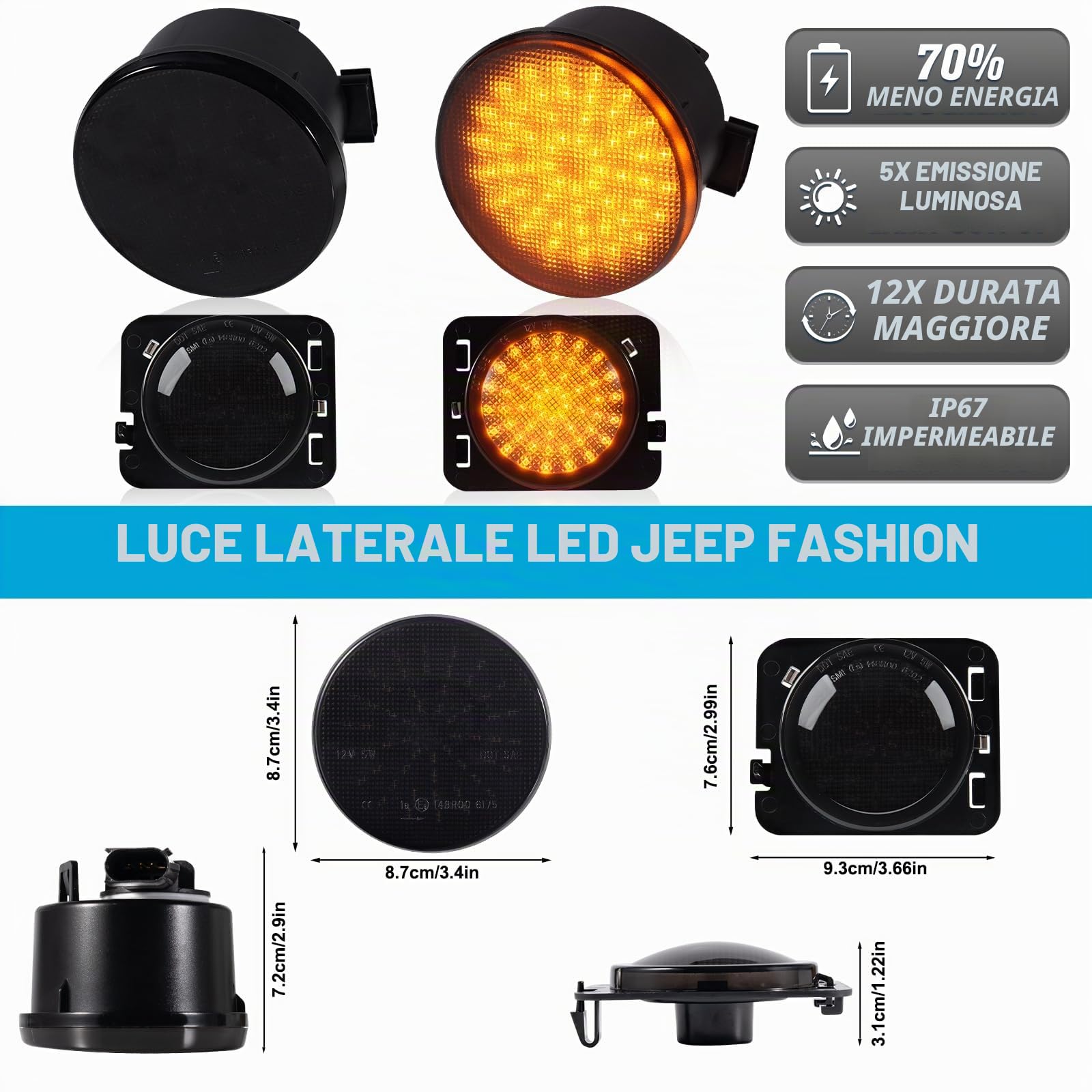 POPMOTORZ LED Luci laterali per J-eep Wrangler JK 2007-2015, LED Frecce Laterali Indicatori di Direzione con Canbus Senza Errori 4014 SMD, 4 Pezzi