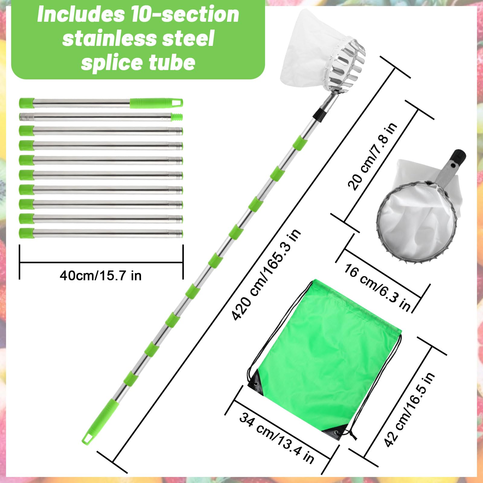 seOSTO Raccogli Frutta con Manico telescopico, 4,2 m, per Ciliegie, Diametro 16 cm, raccogli Mele, con Sacchetto di Cotone, raccogli Ciliegie, prugne per Reaching Inaccessible Places in Fruit Trees