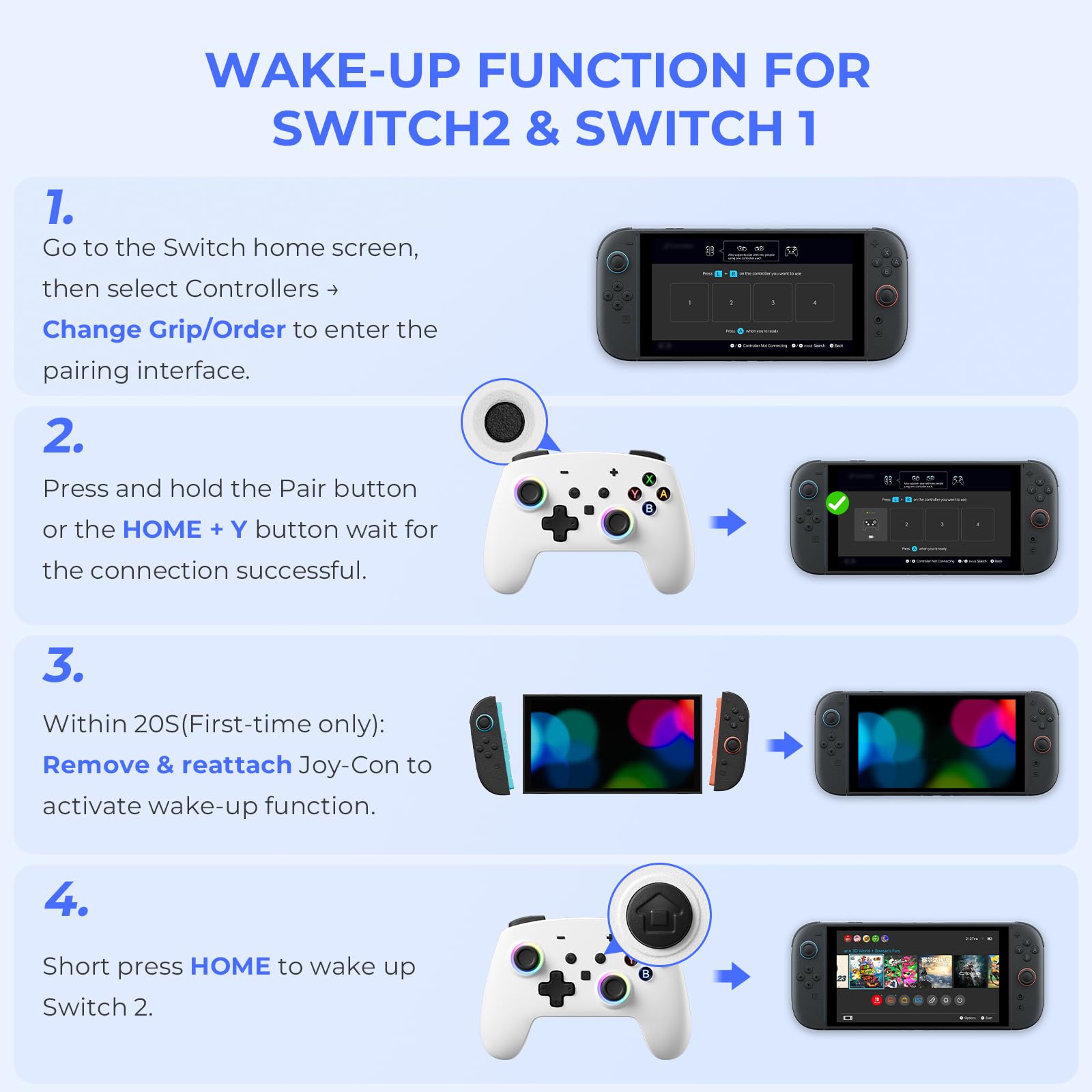 ECHTPower 2026 Controller per Switch 2, Hall Joysticks, Risveglio della NS2 / NS1, Funzione Turbo, Pulsanti Posteriori, Luce RGB, Vibrazione e Giroscopio, Pro Controller per Switch 2/1/PC/iOS/Android