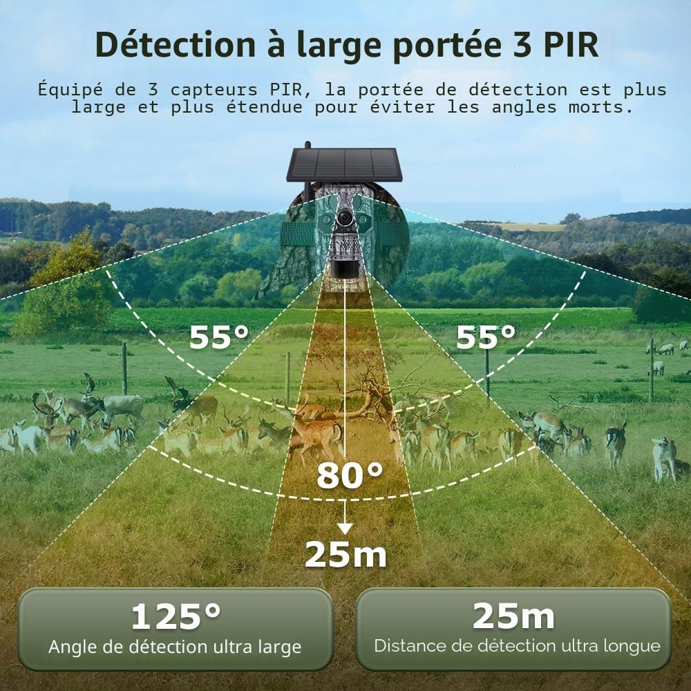SHIWOJIA 4G LTE Camera de Chasse Solaire Camera Chasse Infrarouge Vision Nocturne Piege Photographique Connectée Telephone, Détecteur de Mouvement 3 PIR, 8000mAh Batterie, IP66