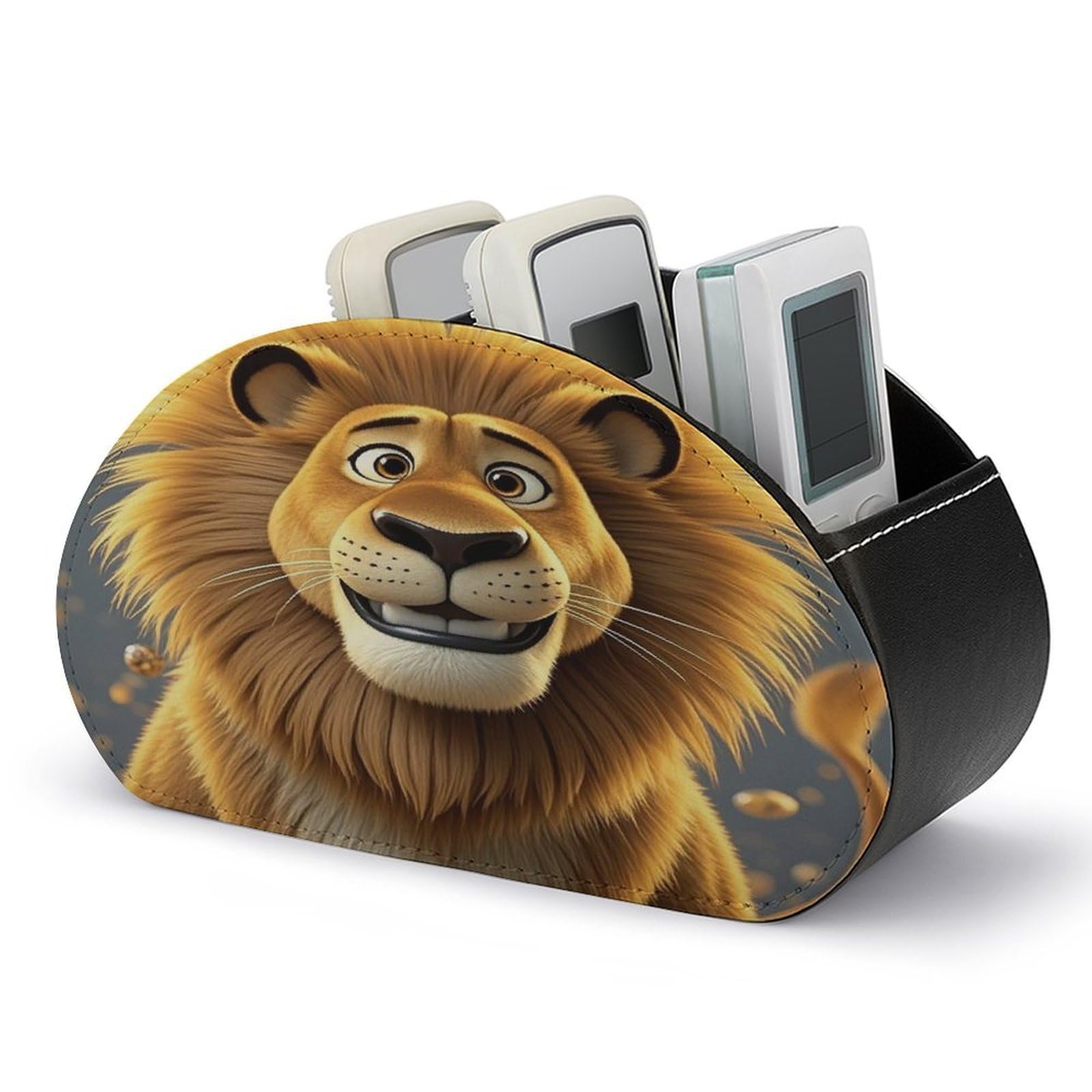 LZQPOEAS Cute Cartoon Lion Remote Control Holder with 5 Compartments PU Leather Remote Organizer Box Caddy for Table Nightstand Remote Caddy Desktop Organizer Fits Media Controllers