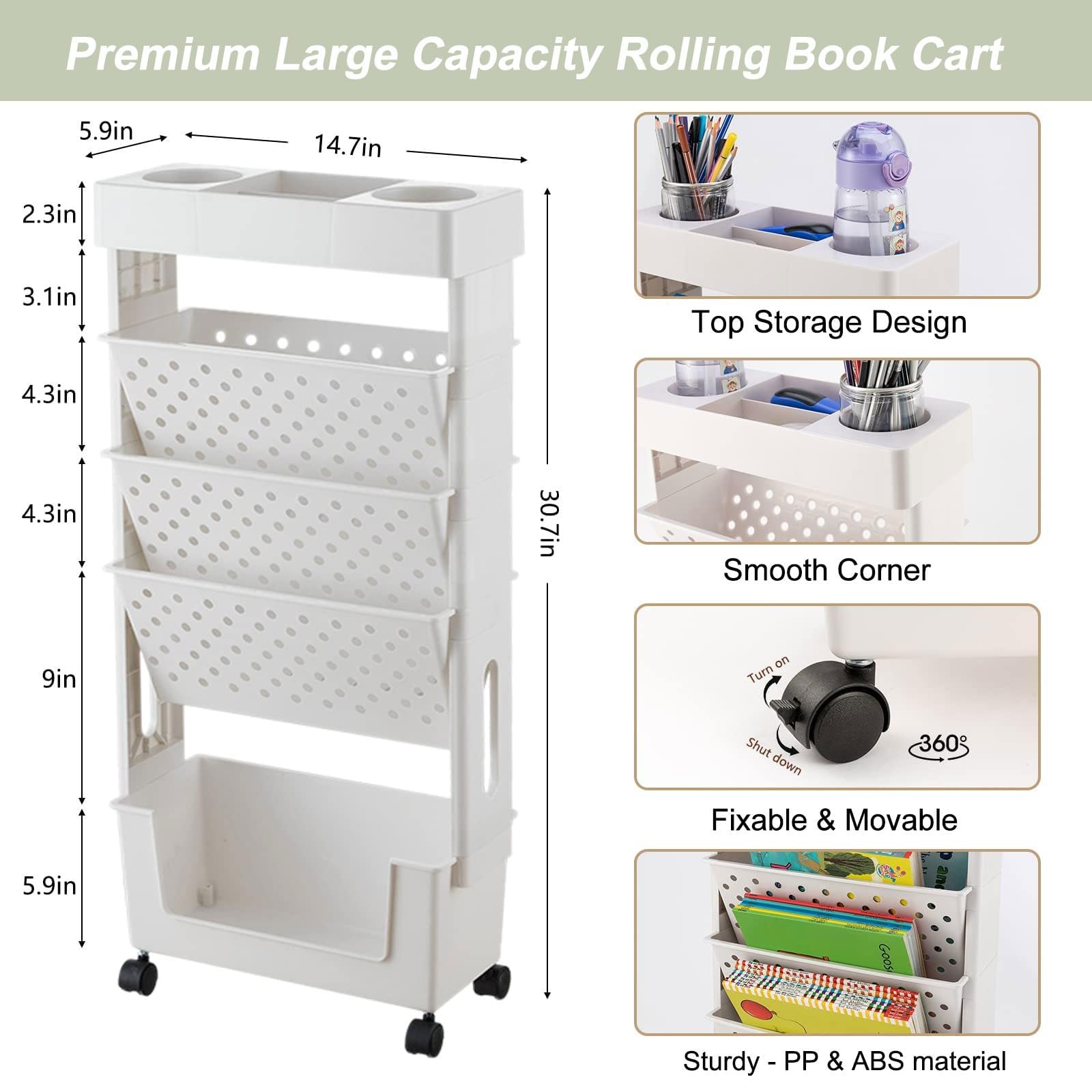 Carrito de libros con ruedas, estante de pie de 5 niveles, carrito rodante multiusos, carrito rodante, carrito móvil, carrito rodante, carrito rodante, ruedas de ahorro para cocina, oficina