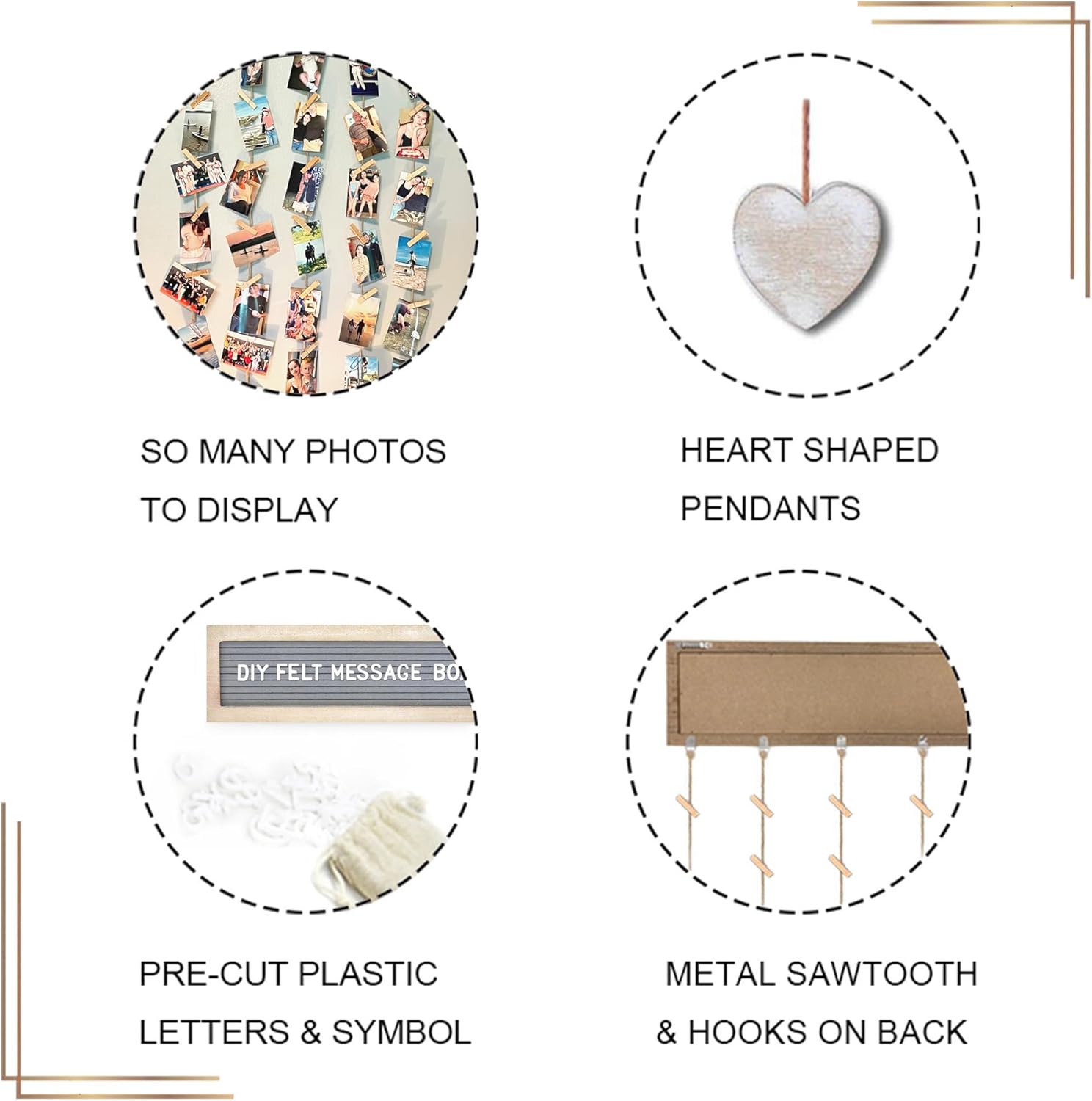 Buecasa Slotted Felt Board with 340 Letters and 30 Clips - Rustic Picture Frames Collage Wall Decor Sign - Multi Photos Cards Organizer 15.7x5 Inches (White)