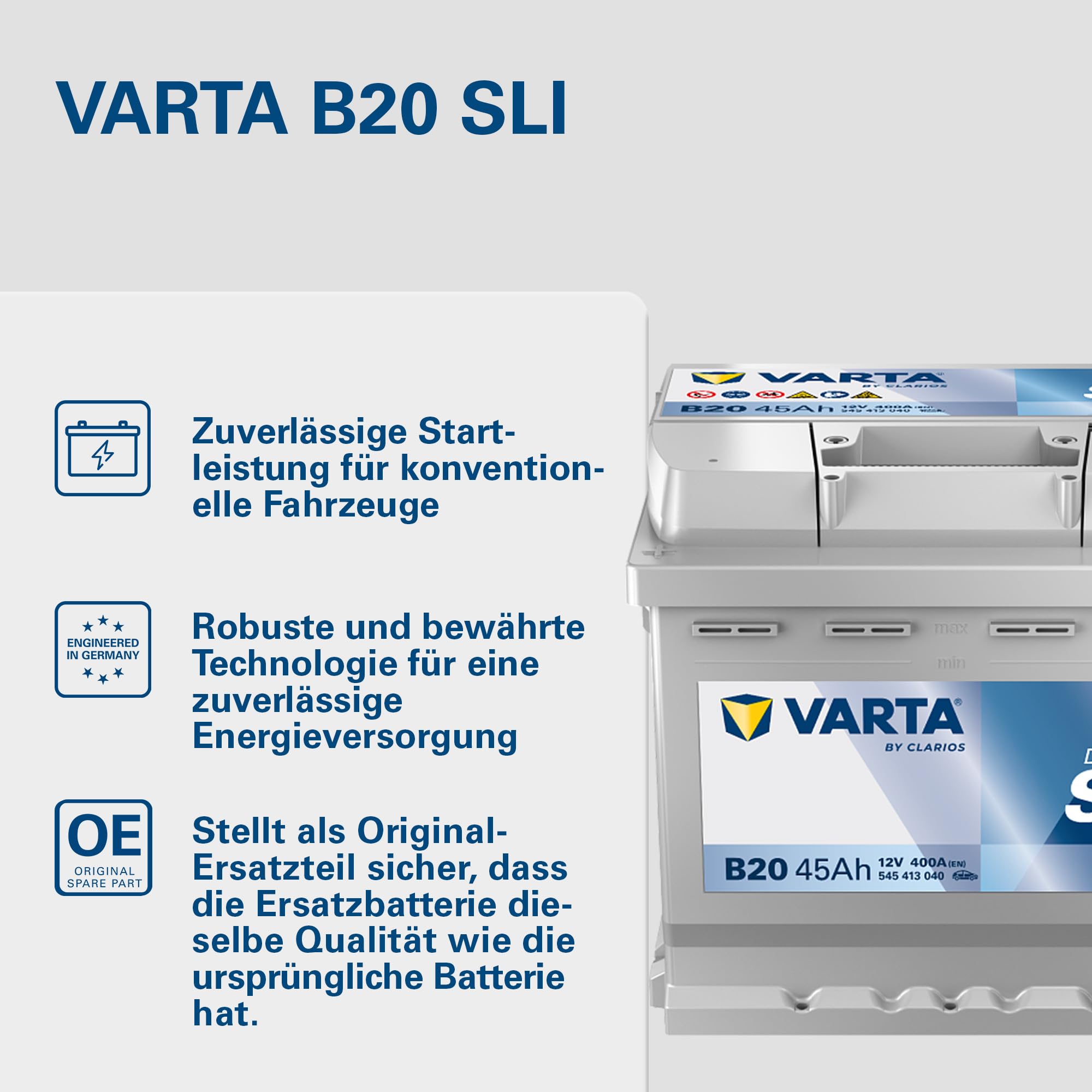 VARTA Automotive DYNAMIC SLI (B20) 12V 45Ah 400A - Nassbatterie KFZ mit Standardausstattung & ohne Start-Stopp System - Starterbatterie für einfachen Energiebedarf - Bleisäurebatterie wartungsfrei