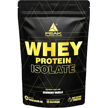 PEAK Whey Protein Isolate - 750 g Flavour Blueberry Vanilla I 25 Servings I Very High Protein Content Made from 100% Whey Protein Isolate I Low Sugar & Fat I for Muscle Building and Maintenance