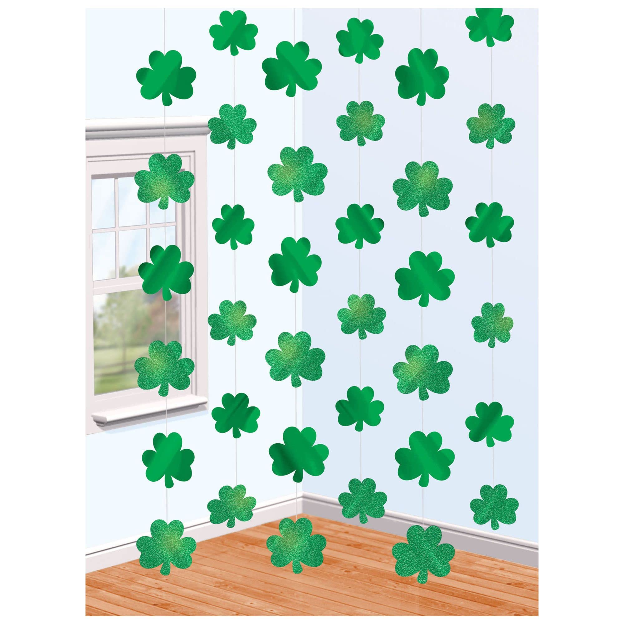 amscan St. Patrick's Day Shamrock Foil String Decoration, 7 ft., Green, 6 Pcs
